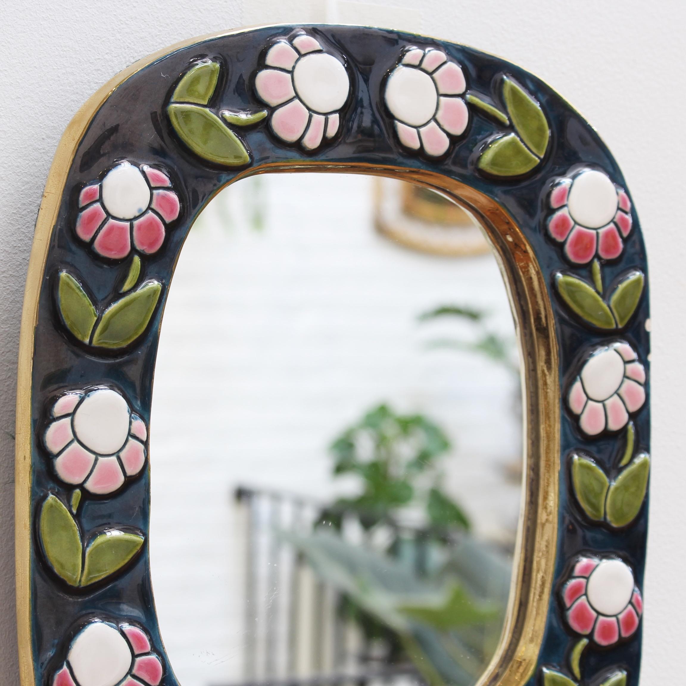 Ceramic Wall Mirror with Flower Motif and Stylised Bird by François Lembo, 1970s In Good Condition In London, GB