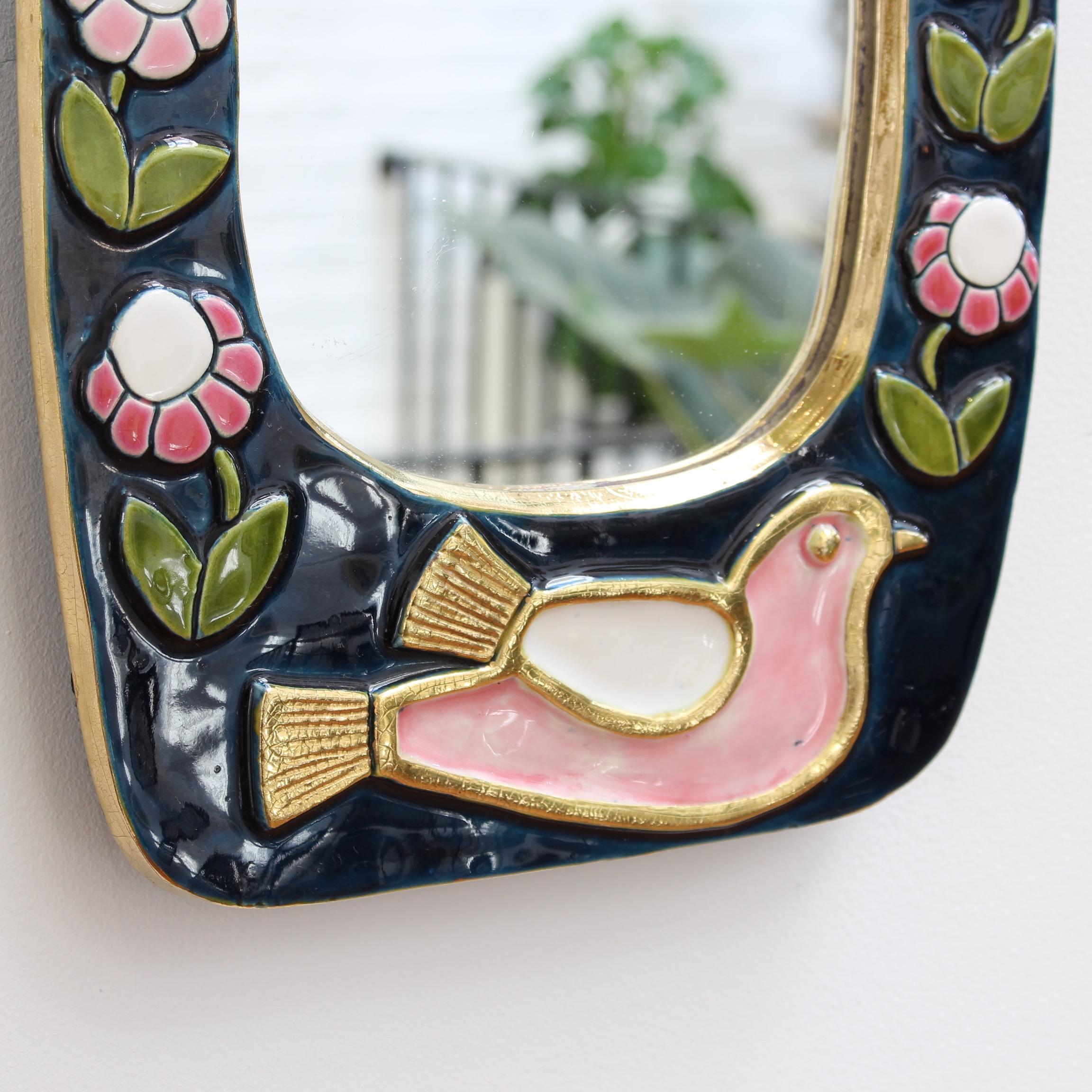 Late 20th Century Ceramic Wall Mirror with Flower Motif and Stylised Bird by François Lembo, 1970s