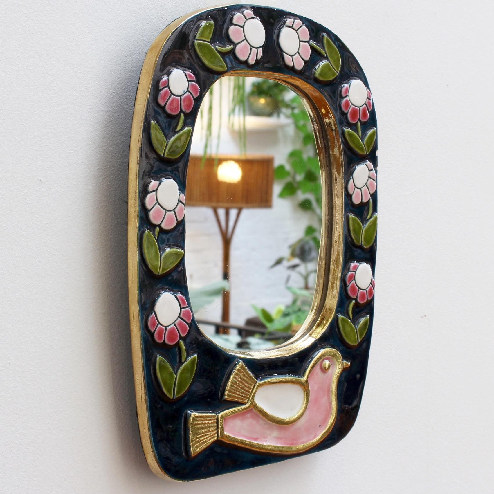 Ceramic Wall Mirror with Flower Motif and Stylised Bird by François Lembo, 1970s 1
