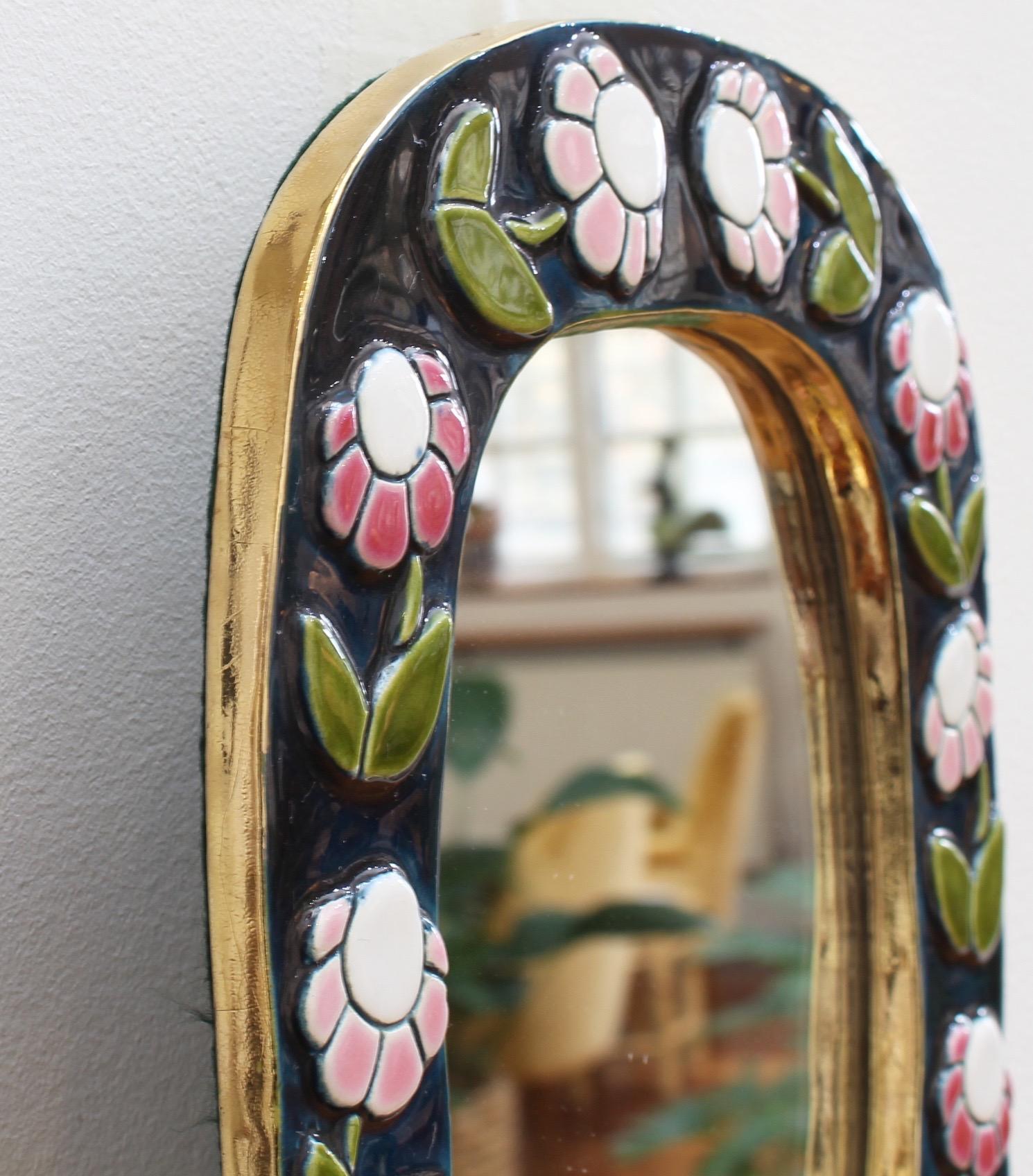 Ceramic Wall Mirror with Flower Motif and Stylised Bird by François Lembo, 1970s 2