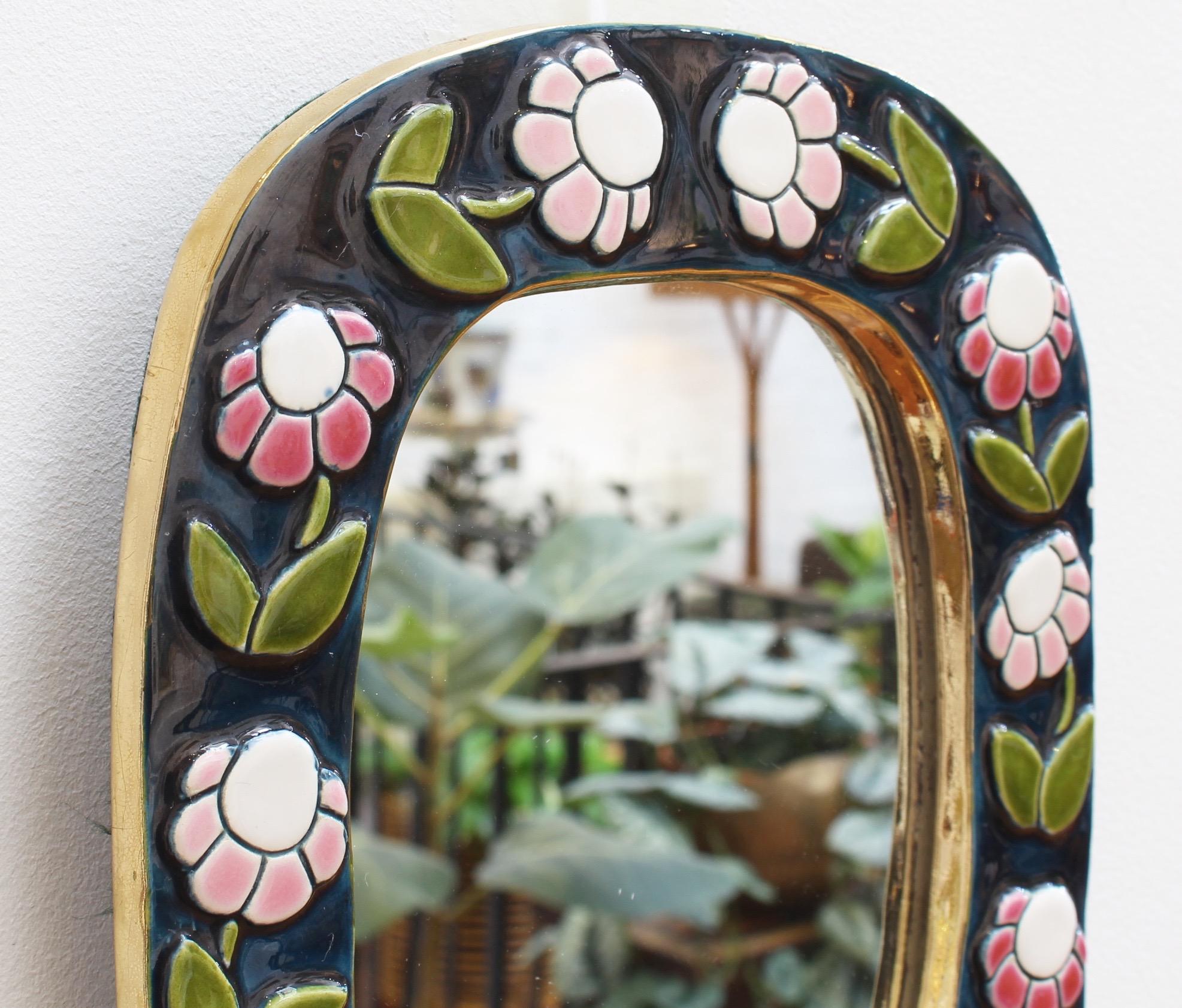Ceramic Wall Mirror with Flower Motif and Stylised Bird by François Lembo, 1970s 3