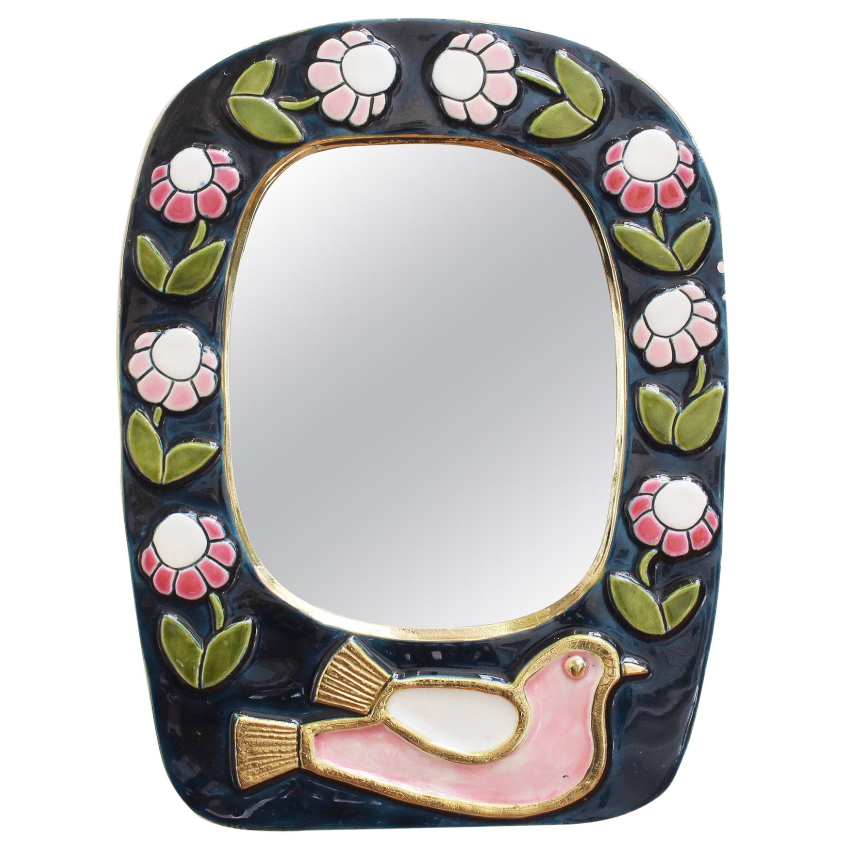 Ceramic Wall Mirror with Flower Motif and Stylised Bird by François Lembo, 1970s