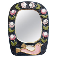 Vintage Ceramic Wall Mirror with Flower Motif and Stylised Bird by François Lembo, 1970s