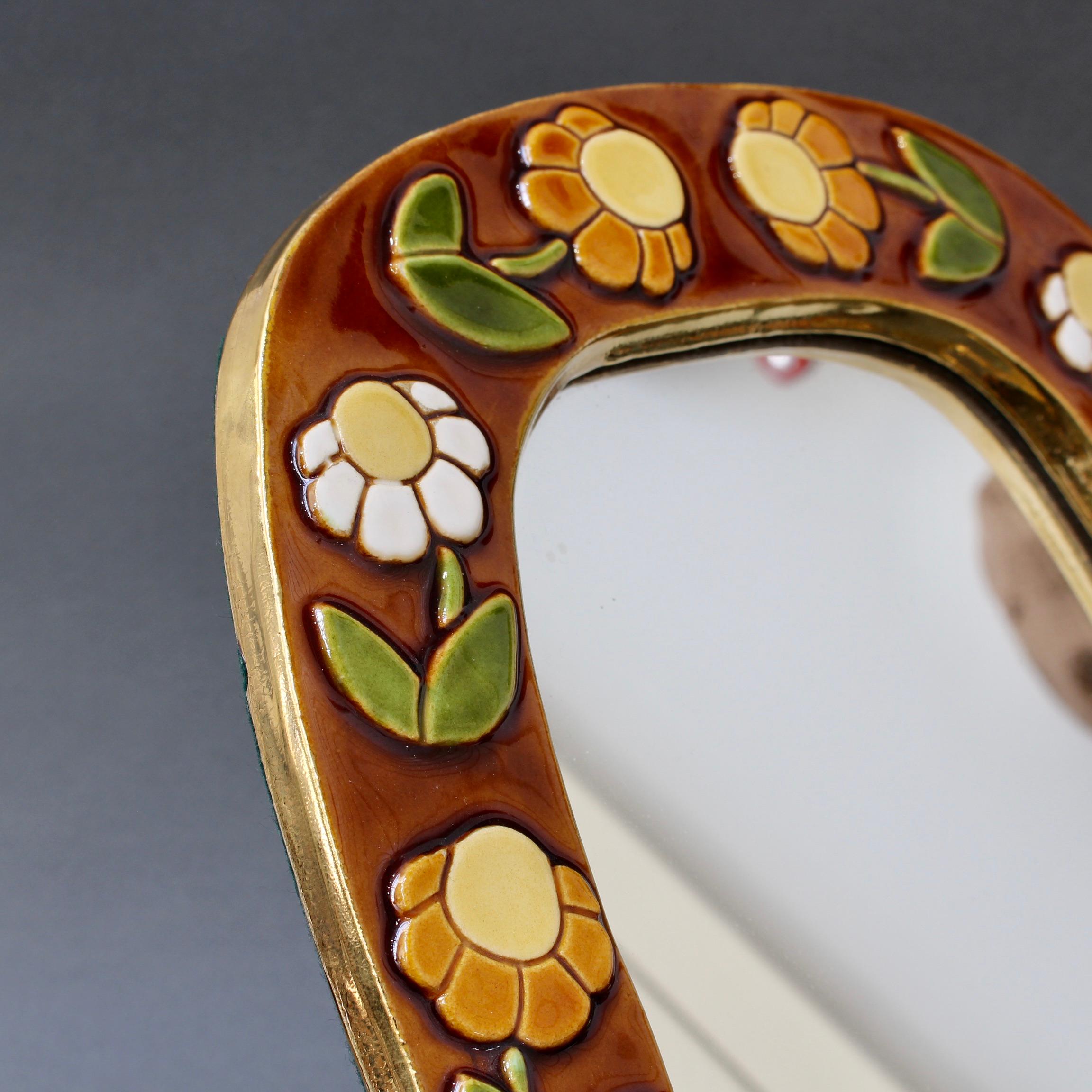 Ceramic Wall Mirror with Flower Motif and Stylised Bird by Mithé Espelt, c. 1960 3