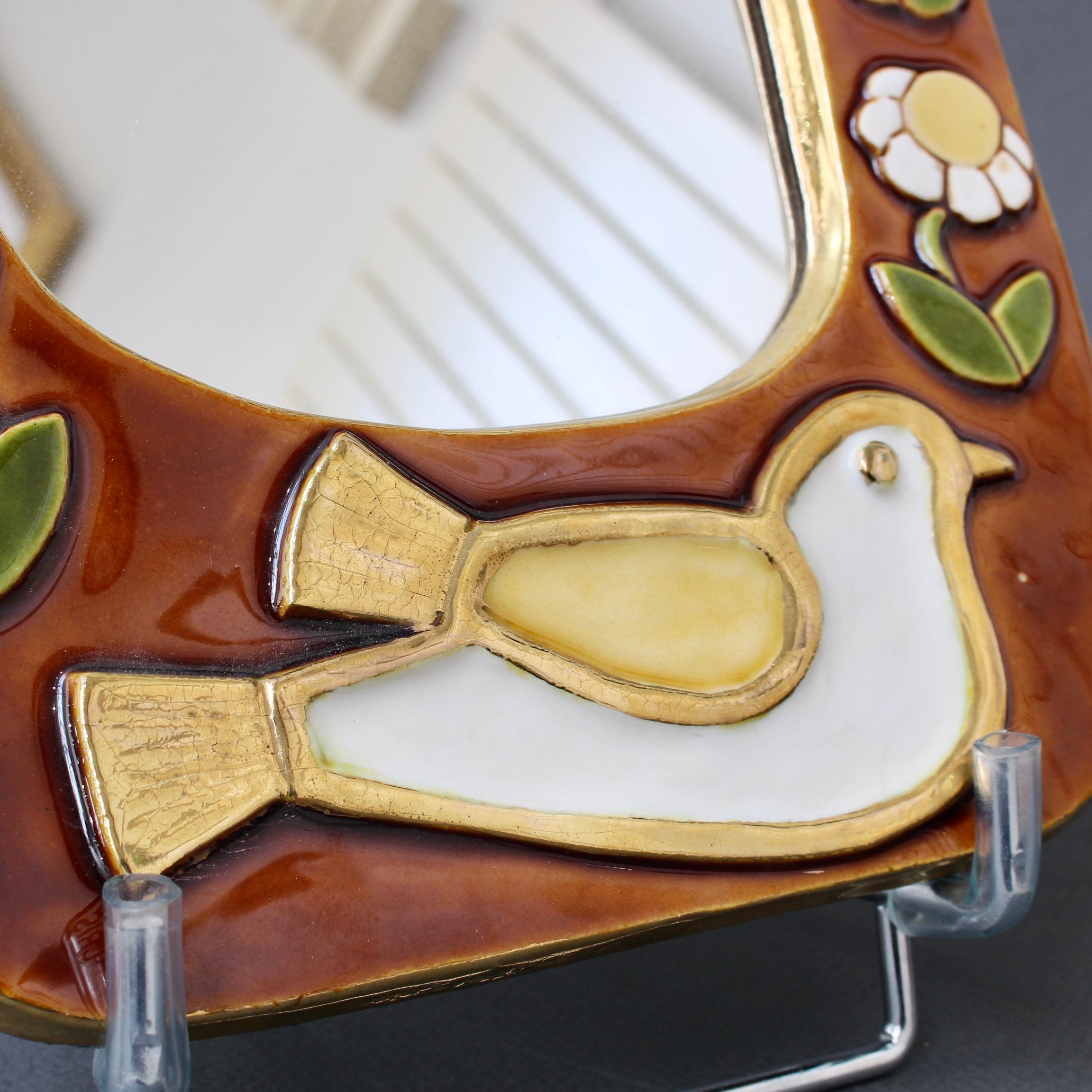 Ceramic Wall Mirror with Flower Motif and Stylised Bird by Mithé Espelt, c. 1960 4