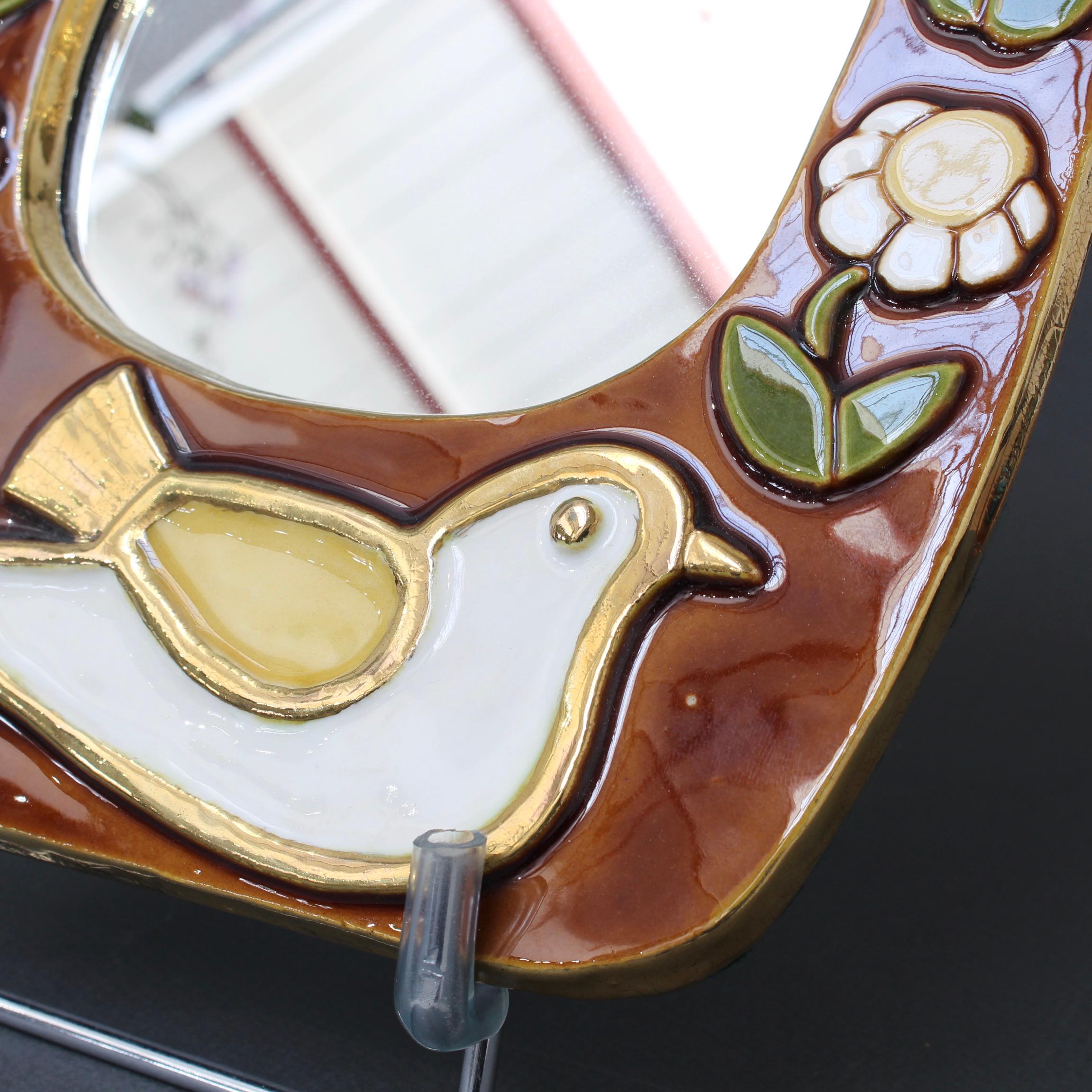 Ceramic Wall Mirror with Flower Motif and Stylised Bird by Mithé Espelt, c. 1960 5