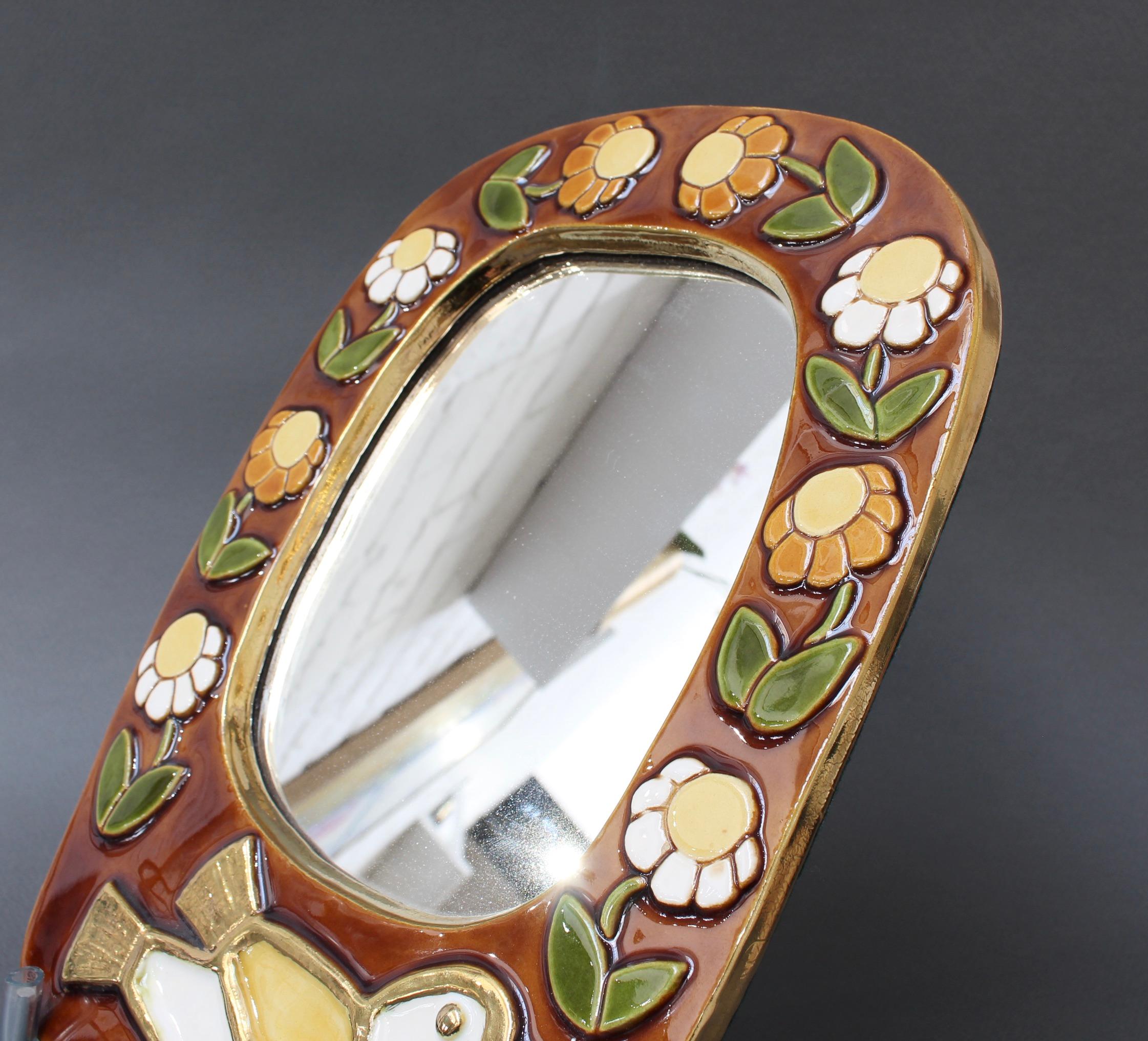 Ceramic Wall Mirror with Flower Motif and Stylised Bird by Mithé Espelt, c. 1960 6