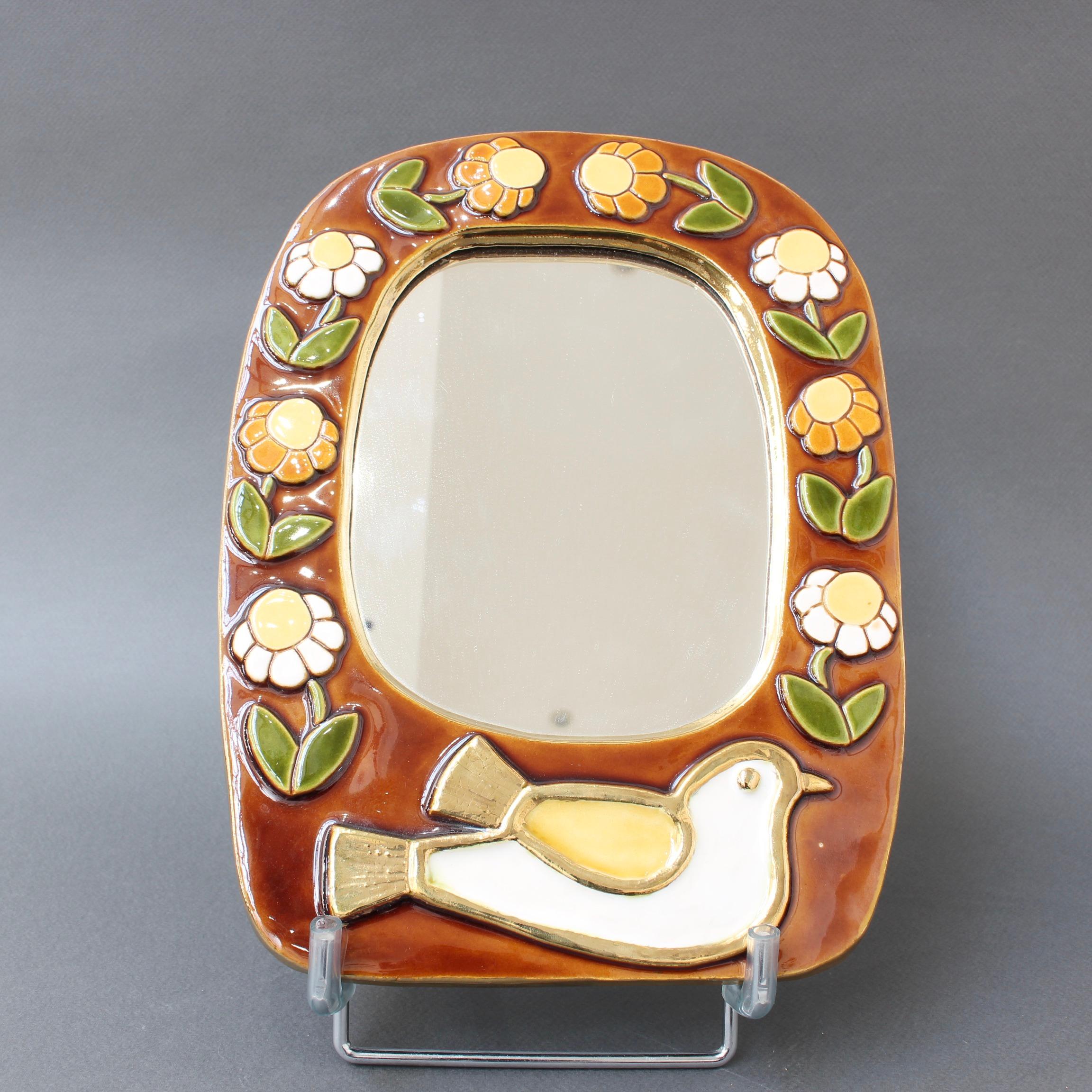 Ceramic Wall Mirror with Flower Motif and Stylised Bird by Mithé Espelt, c. 1960 7