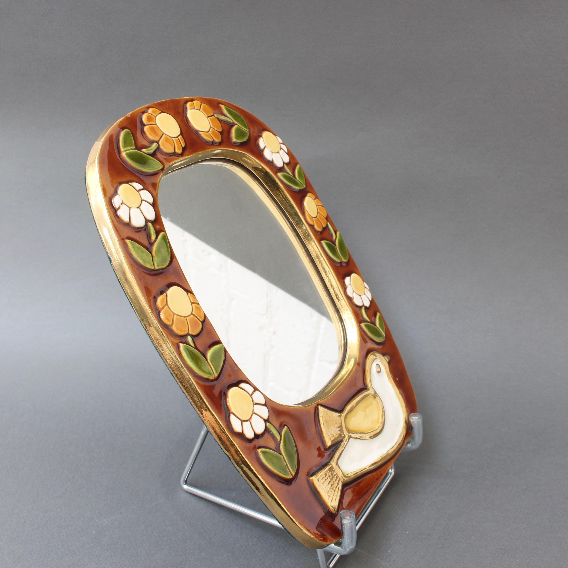 French Ceramic Wall Mirror with Flower Motif and Stylised Bird by Mithé Espelt, c. 1960