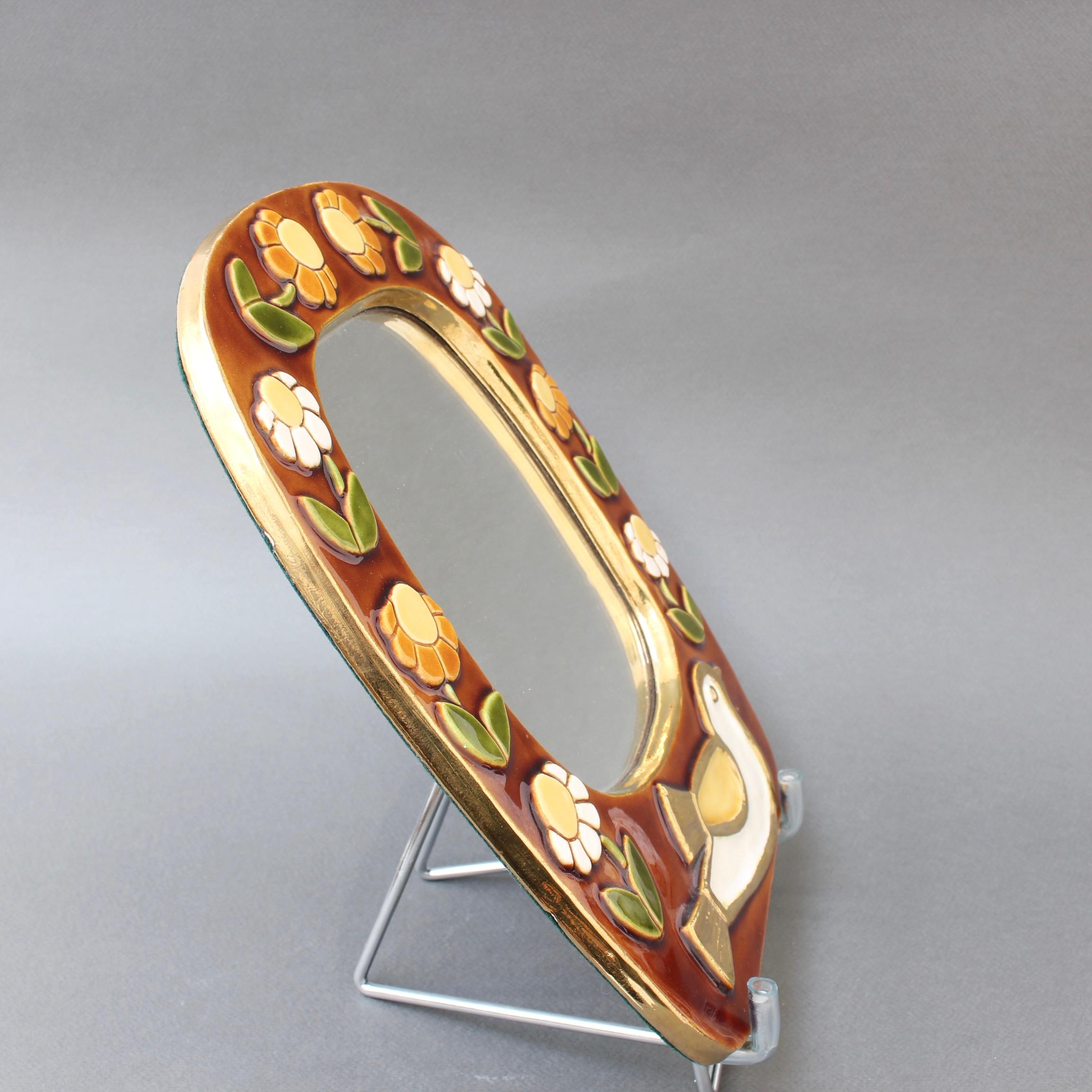 Ceramic Wall Mirror with Flower Motif and Stylised Bird by Mithé Espelt, c. 1960 In Good Condition In London, GB