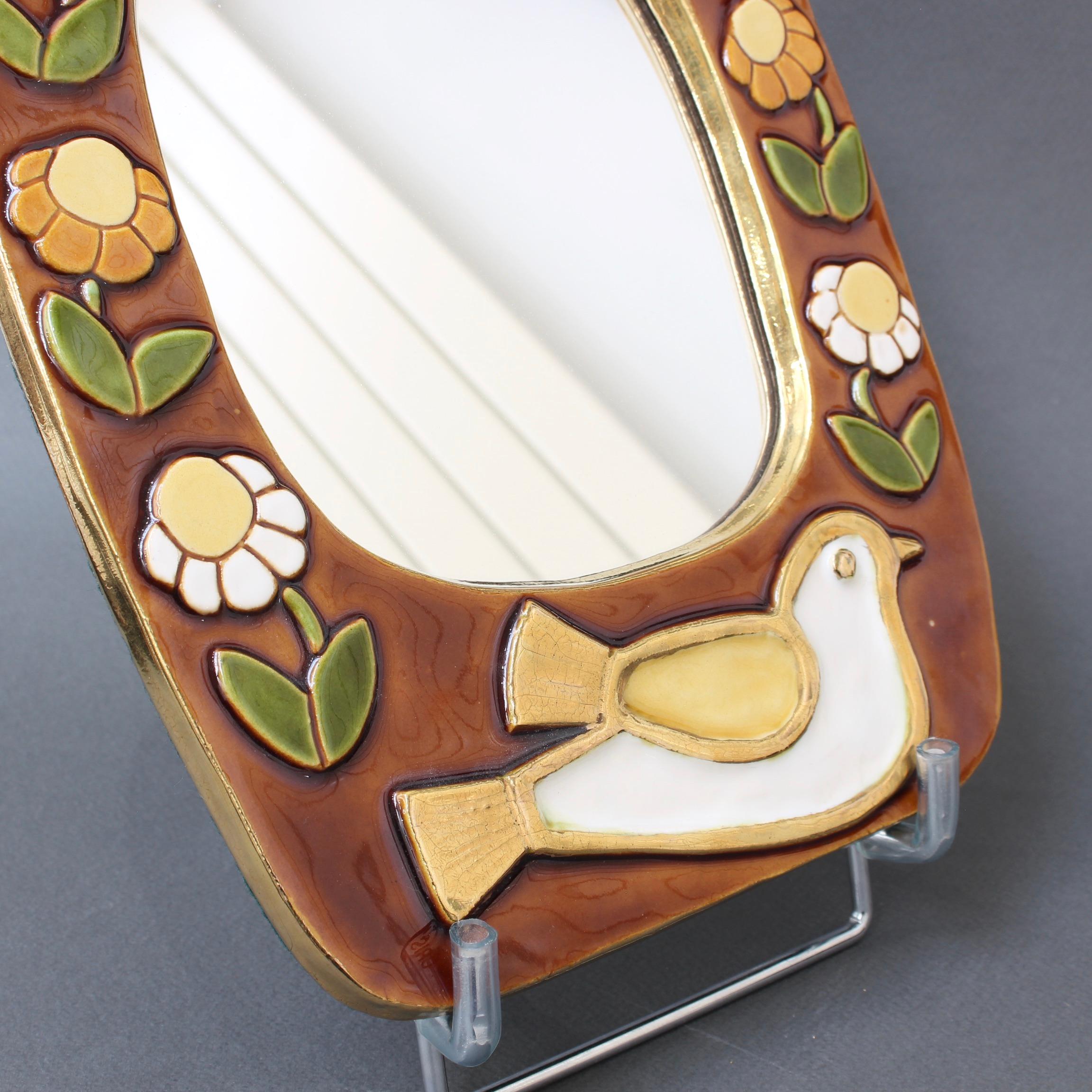 Ceramic Wall Mirror with Flower Motif and Stylised Bird by Mithé Espelt, c. 1960 1