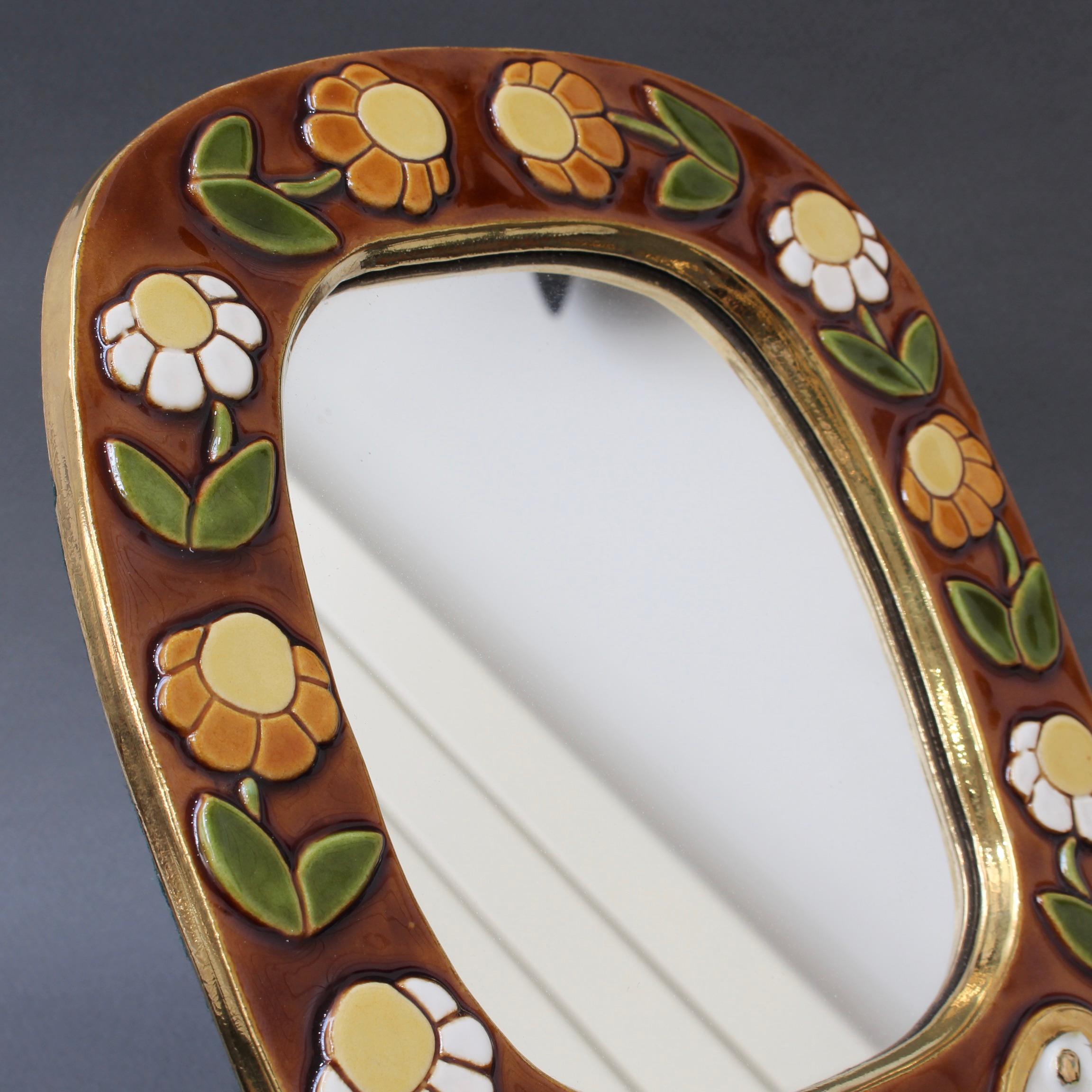 Ceramic Wall Mirror with Flower Motif and Stylised Bird by Mithé Espelt, c. 1960 2