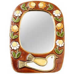 Retro Ceramic Wall Mirror with Flower Motif and Stylised Bird by Mithé Espelt, c. 1960