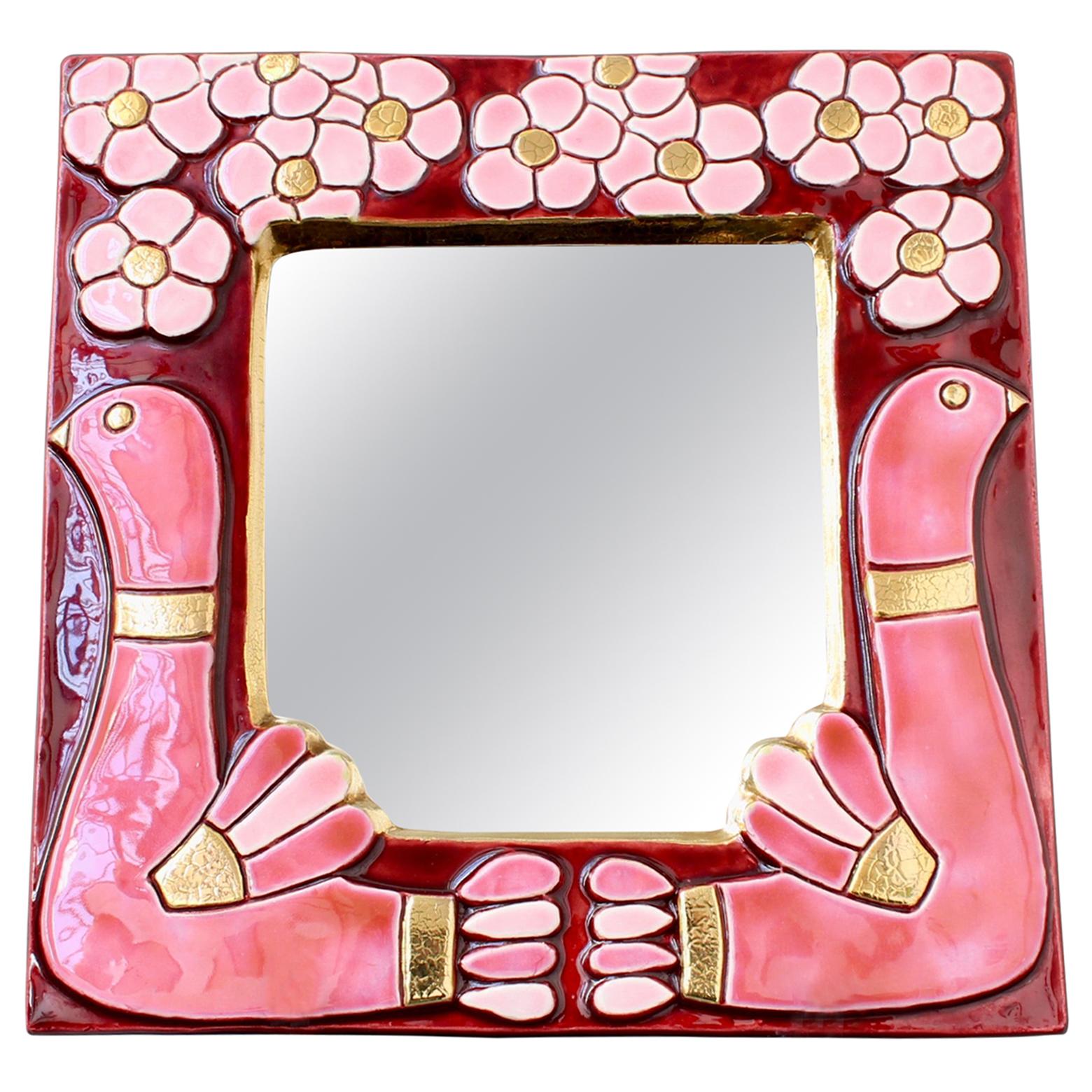 Ceramic Wall Mirror with Flower Motif and Stylised Birds by Mithé Espelt c.1960s