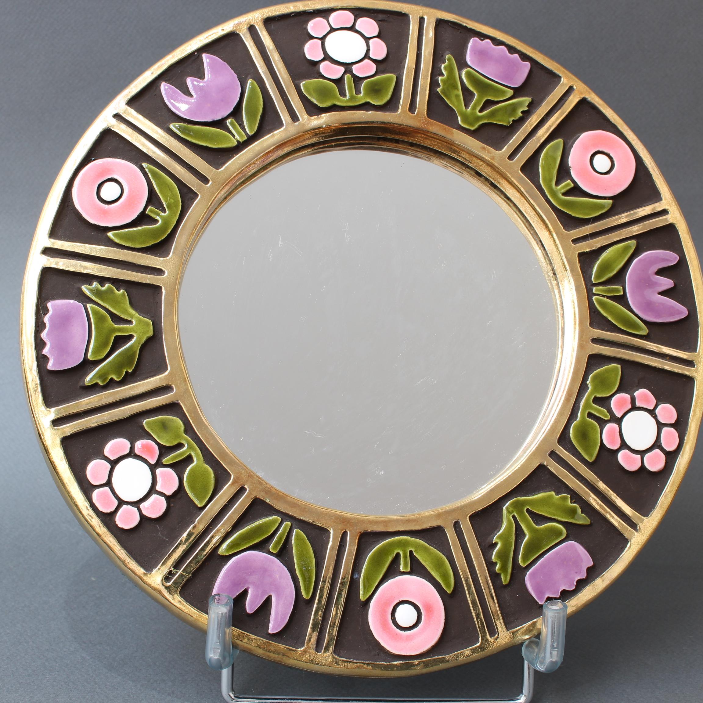Ceramic Wall Mirror with Flower Motif by Mithé Espelt, circa 1960s 3