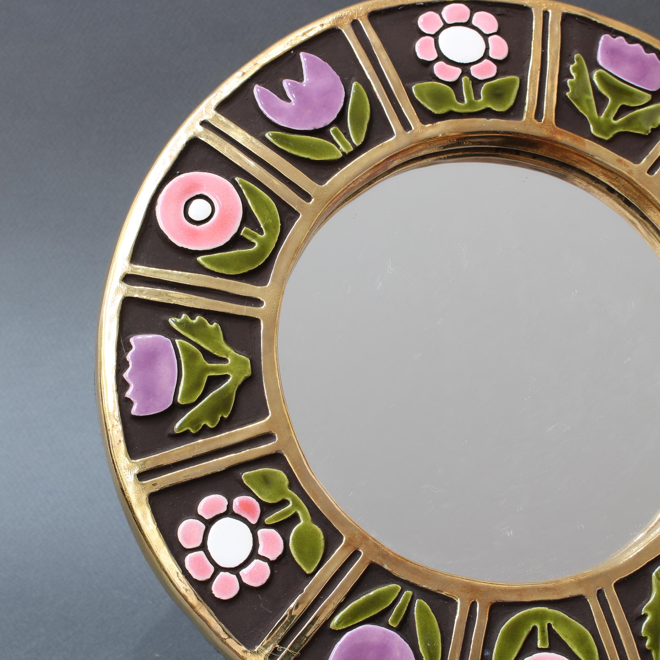Ceramic Wall Mirror with Flower Motif by Mithé Espelt, circa 1960s 4