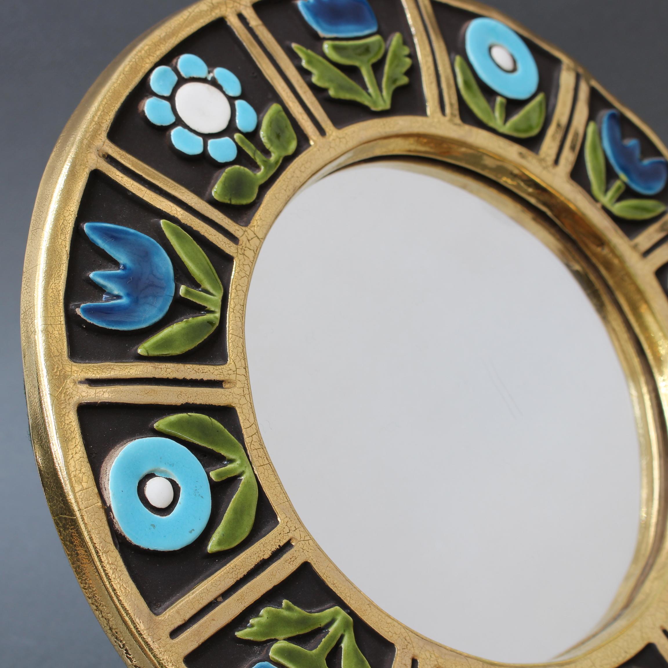 Ceramic Wall Mirror with Flower Motif by Mithé Espelt, 'circa 1960s' 5