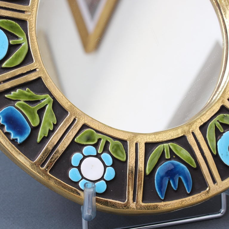 Ceramic Wall Mirror with Flower Motif by François Lembo, 'circa 1960s