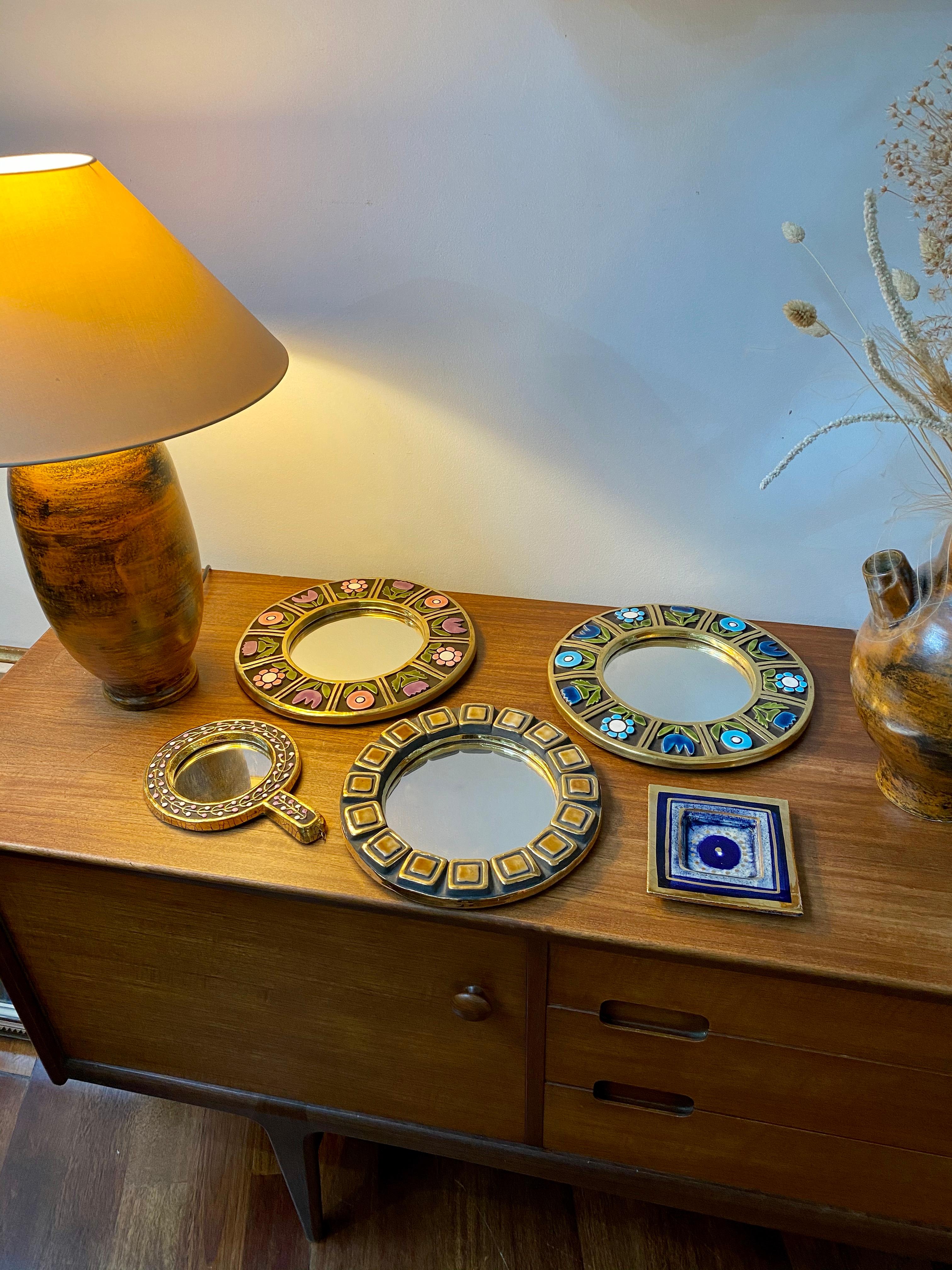 Ceramic Wall Mirror with Flower Motif by Mithé Espelt, circa 1960s 8