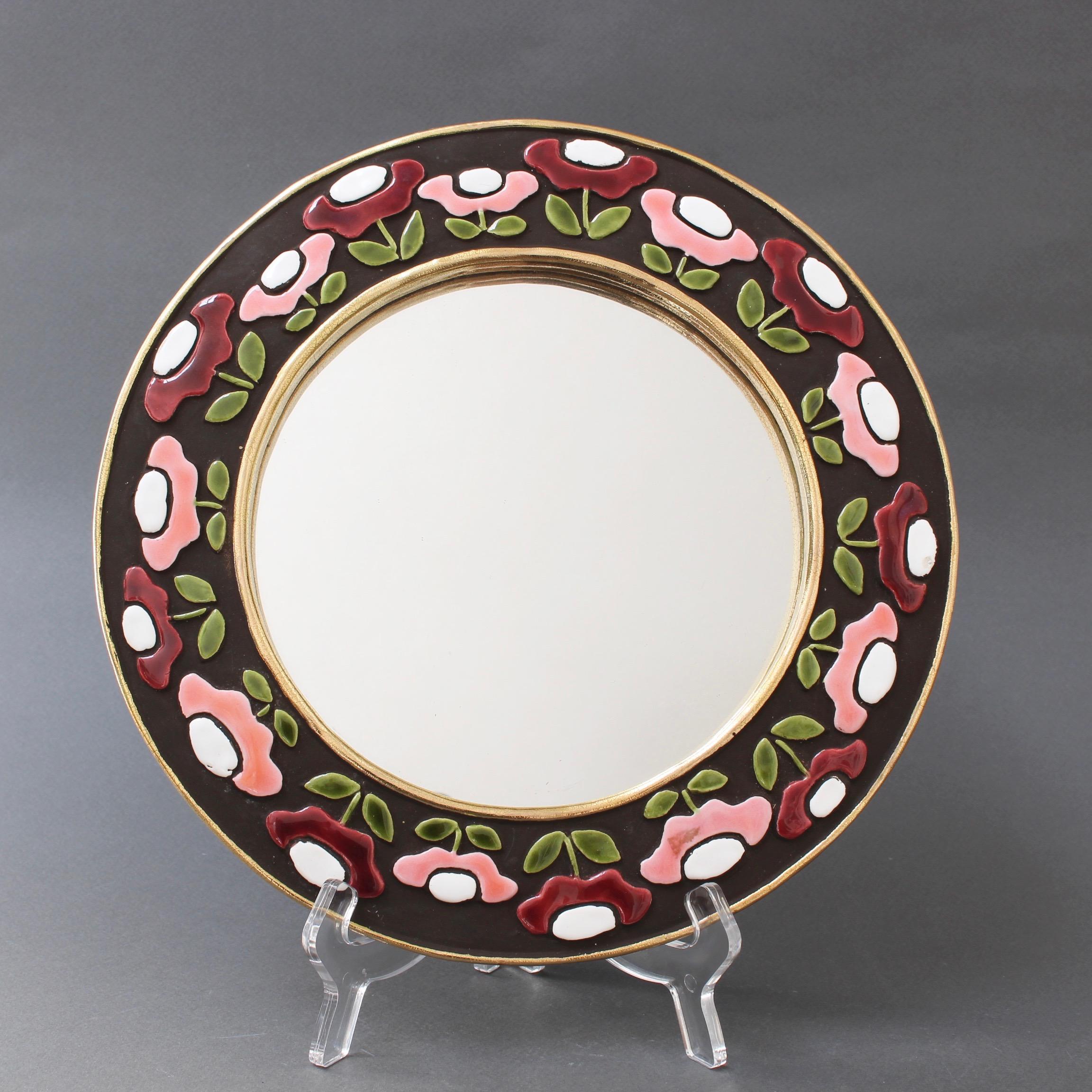 Mid-Century Modern Ceramic Wall Mirror with Flower Motif by Mithé Espelt, circa 1960s