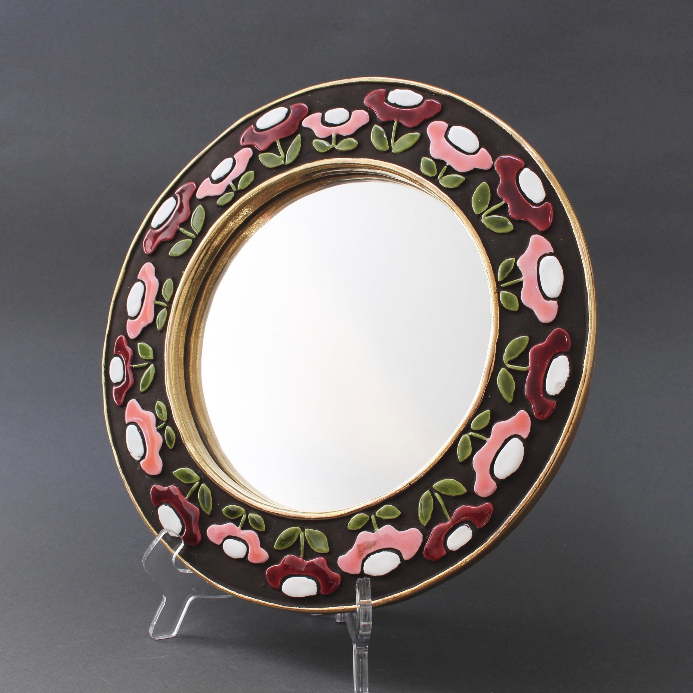 French Ceramic Wall Mirror with Flower Motif by Mithé Espelt, circa 1960s