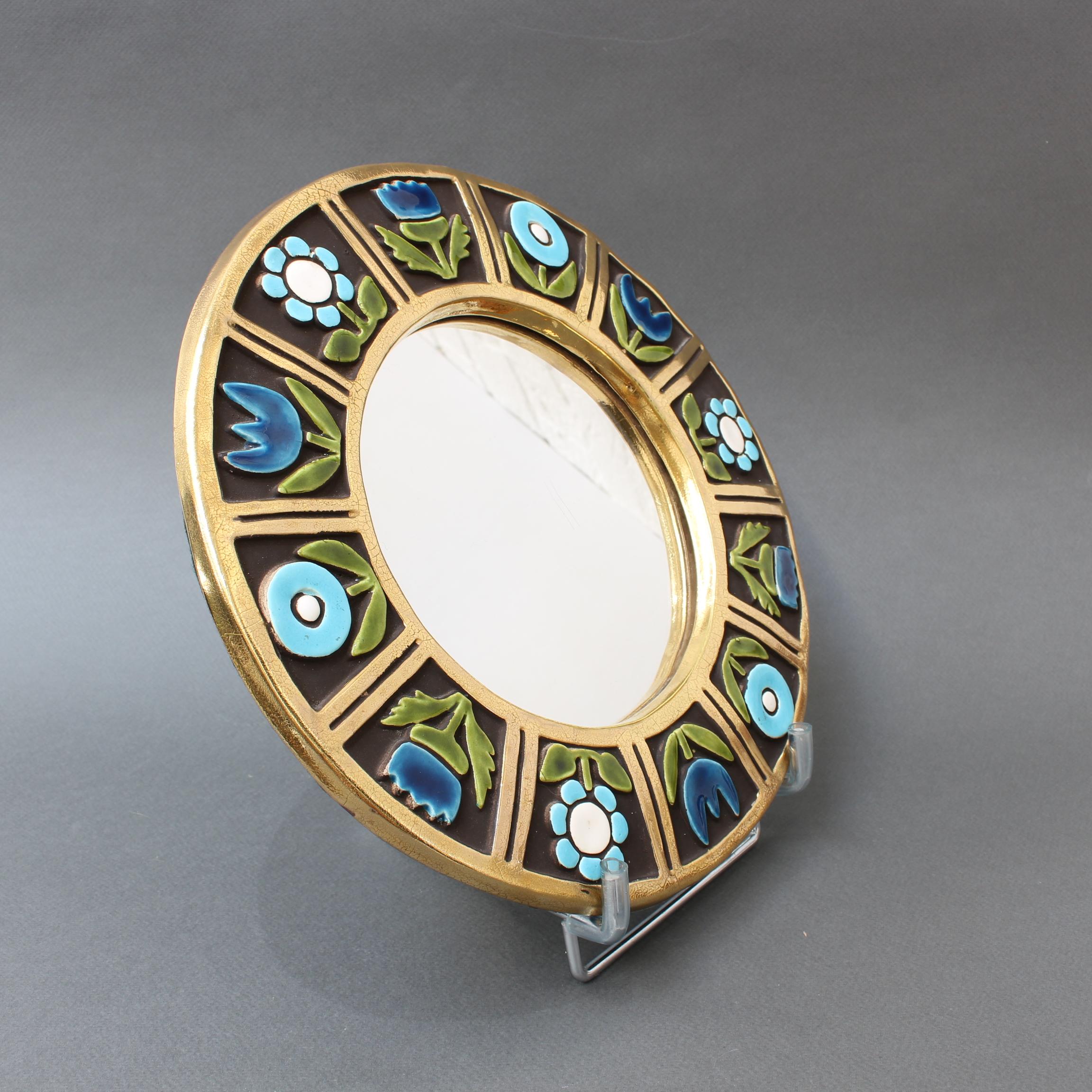 Mid-Century Modern Ceramic Wall Mirror with Flower Motif by Mithé Espelt, 'circa 1960s'