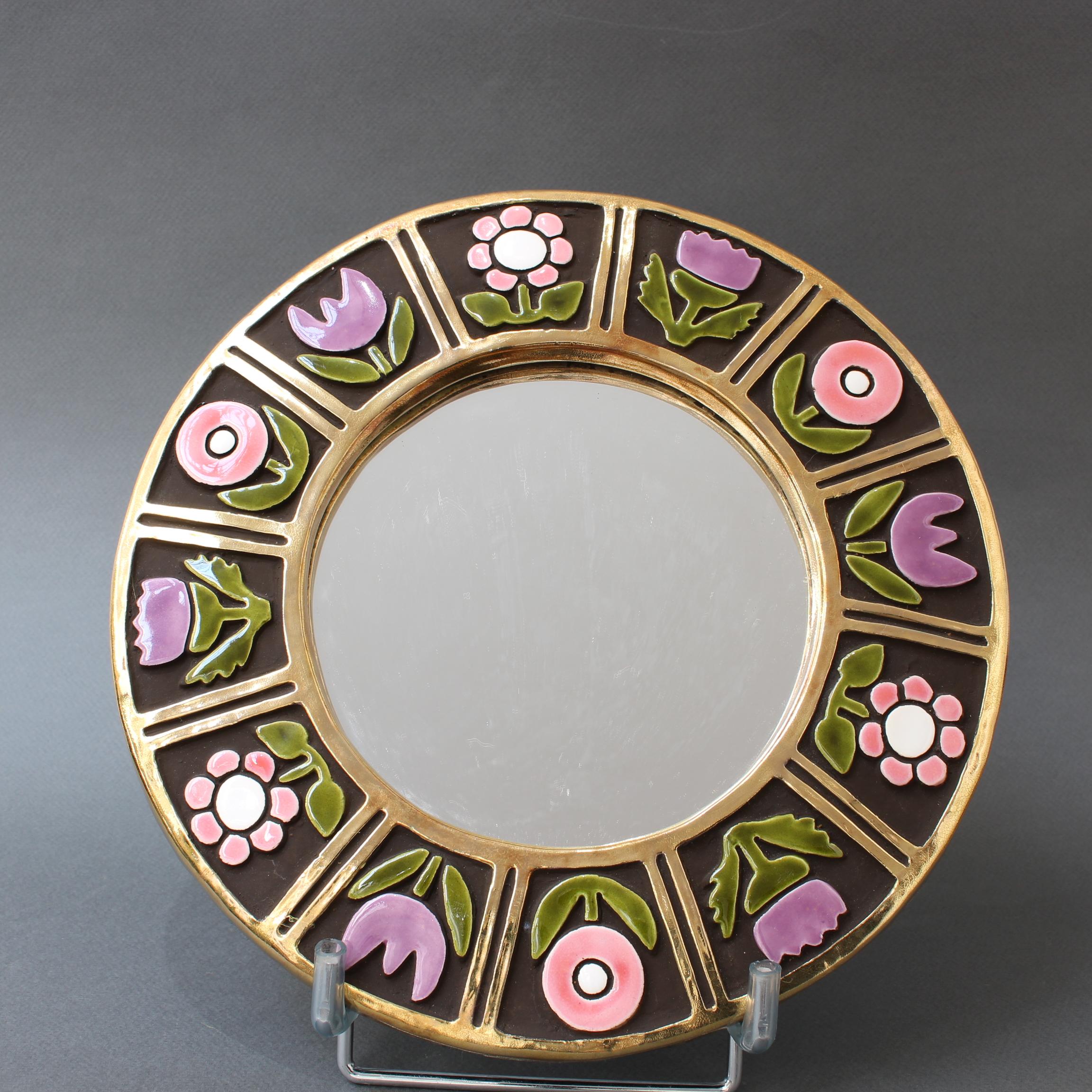 Mid-Century Modern Ceramic Wall Mirror with Flower Motif by Mithé Espelt, circa 1960s