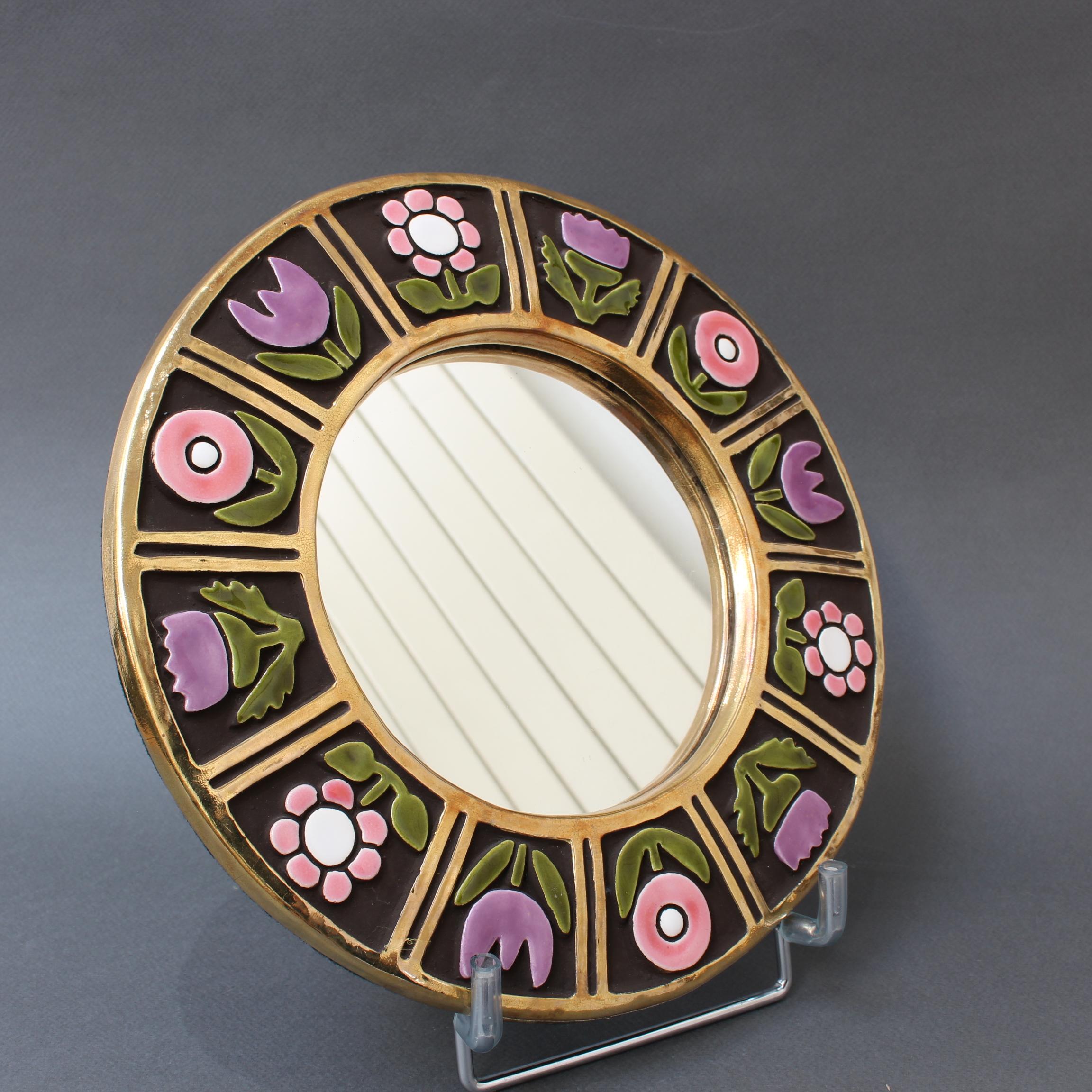 French Ceramic Wall Mirror with Flower Motif by Mithé Espelt, circa 1960s