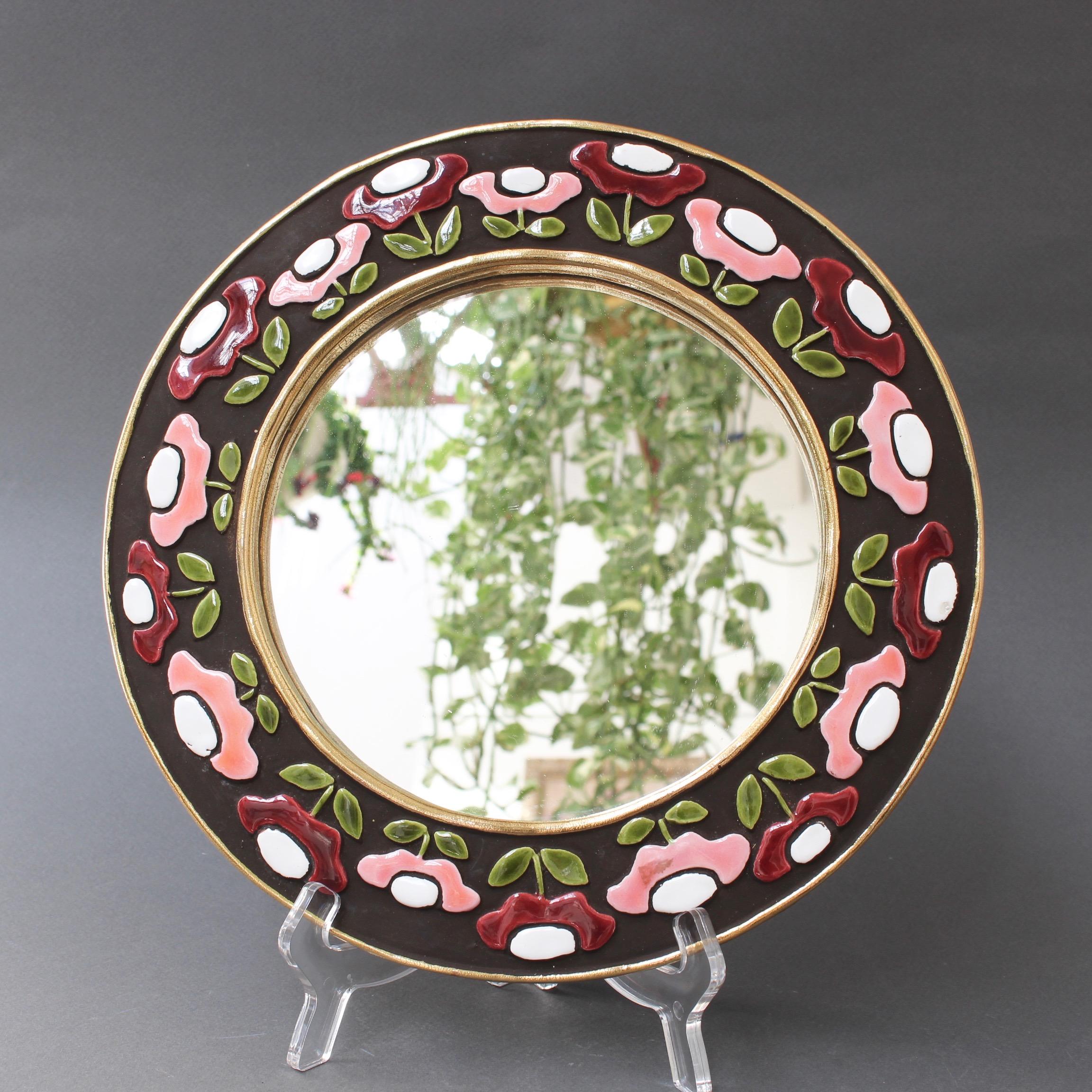 Ceramic Wall Mirror with Flower Motif by Mithé Espelt, circa 1960s In Good Condition In London, GB