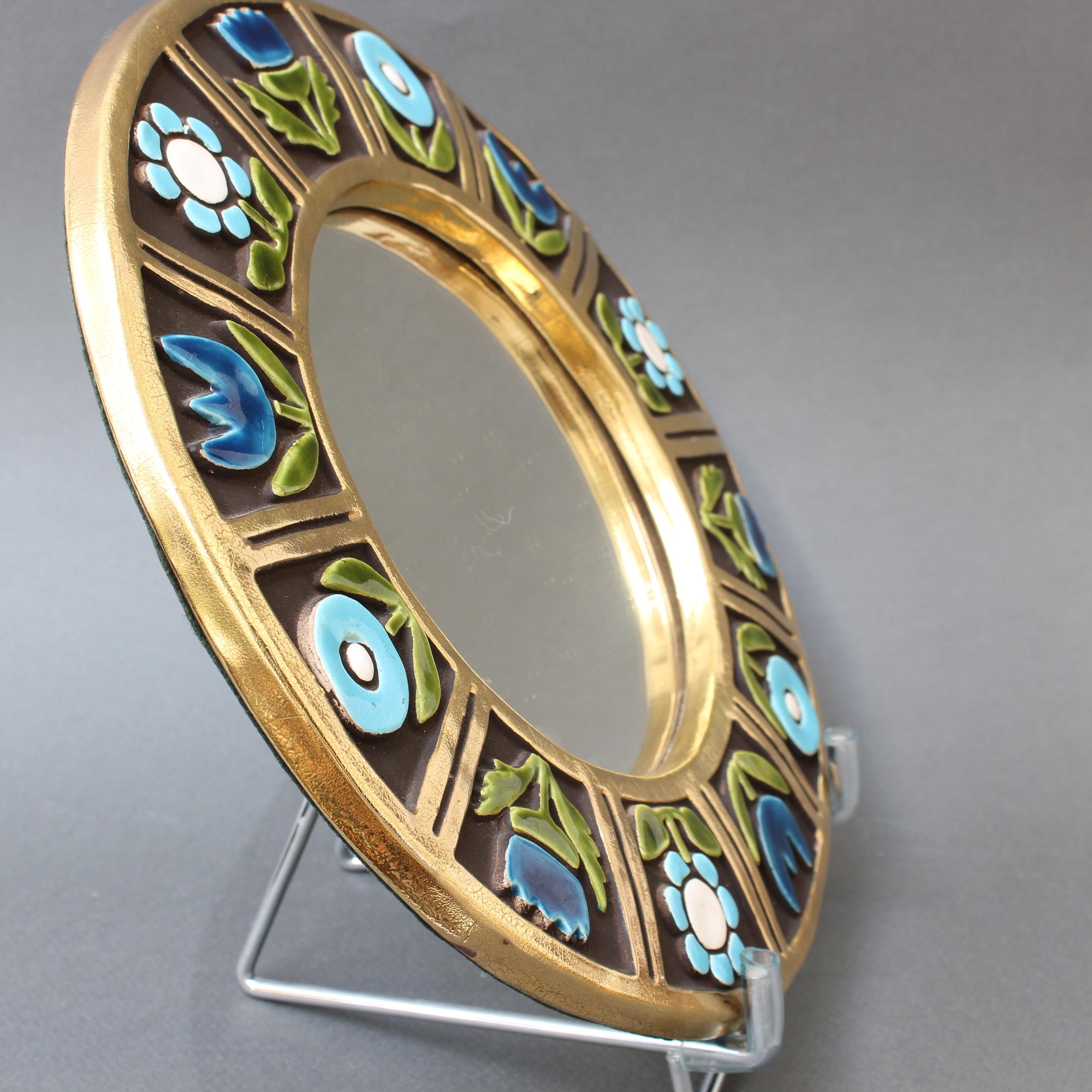 Ceramic Wall Mirror with Flower Motif by Mithé Espelt, 'circa 1960s' In Good Condition In London, GB