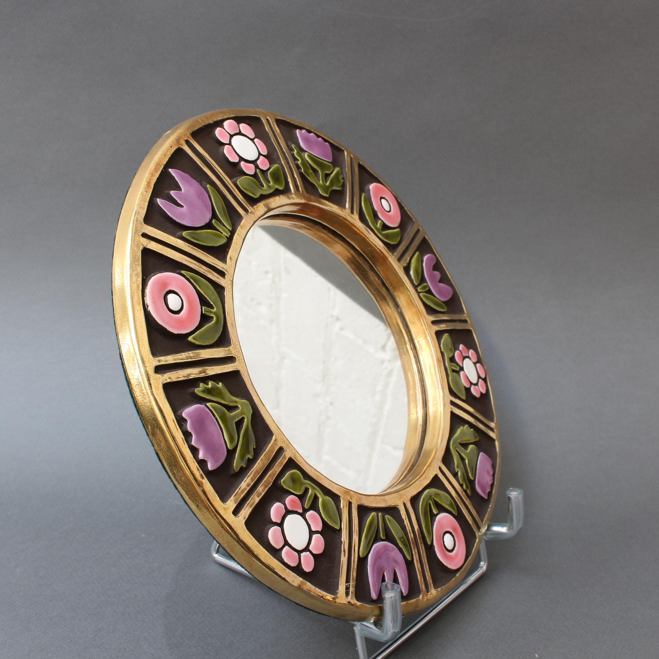 Ceramic Wall Mirror with Flower Motif by Mithé Espelt, circa 1960s In Good Condition In London, GB