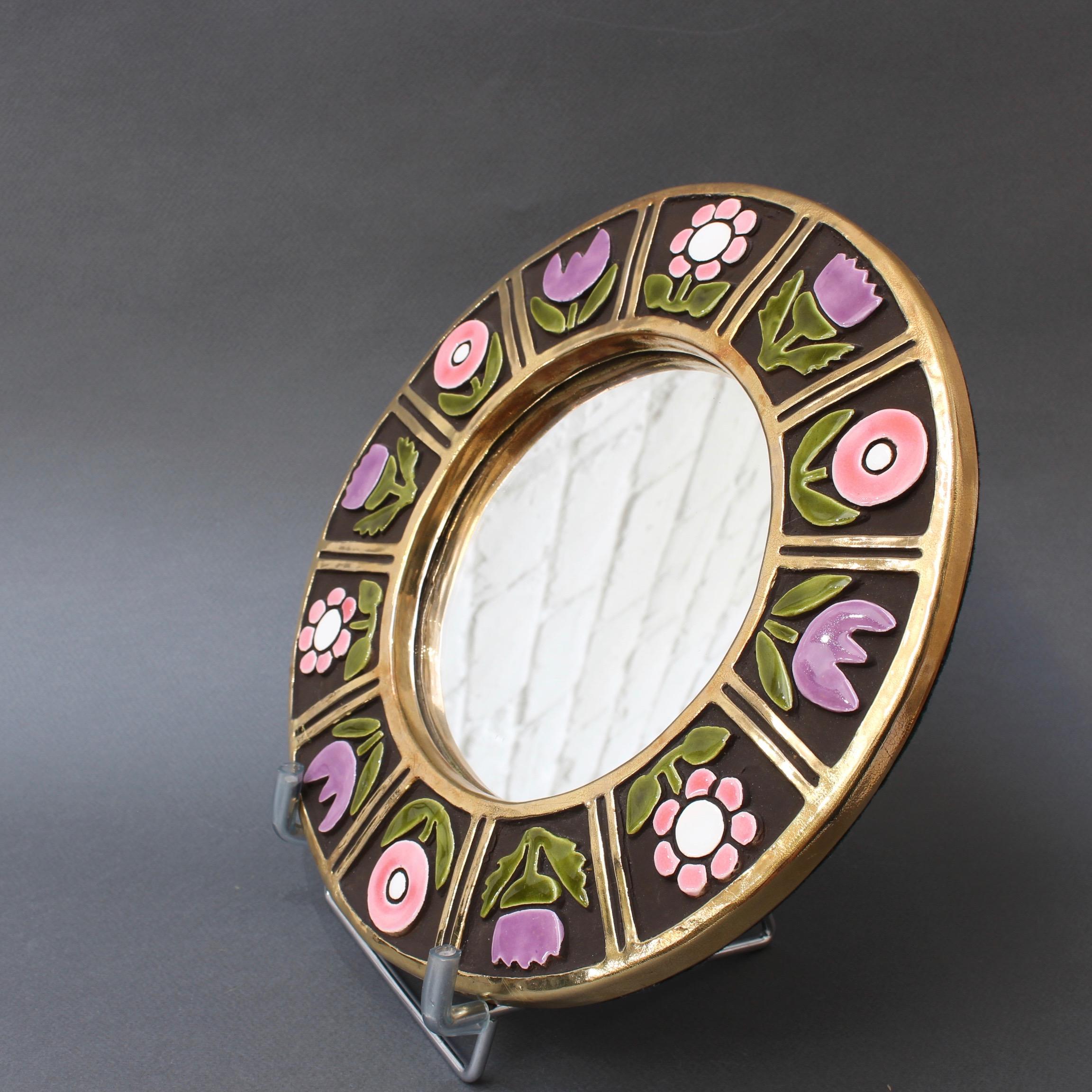 Ceramic Wall Mirror with Flower Motif by Mithé Espelt, circa 1960s 1