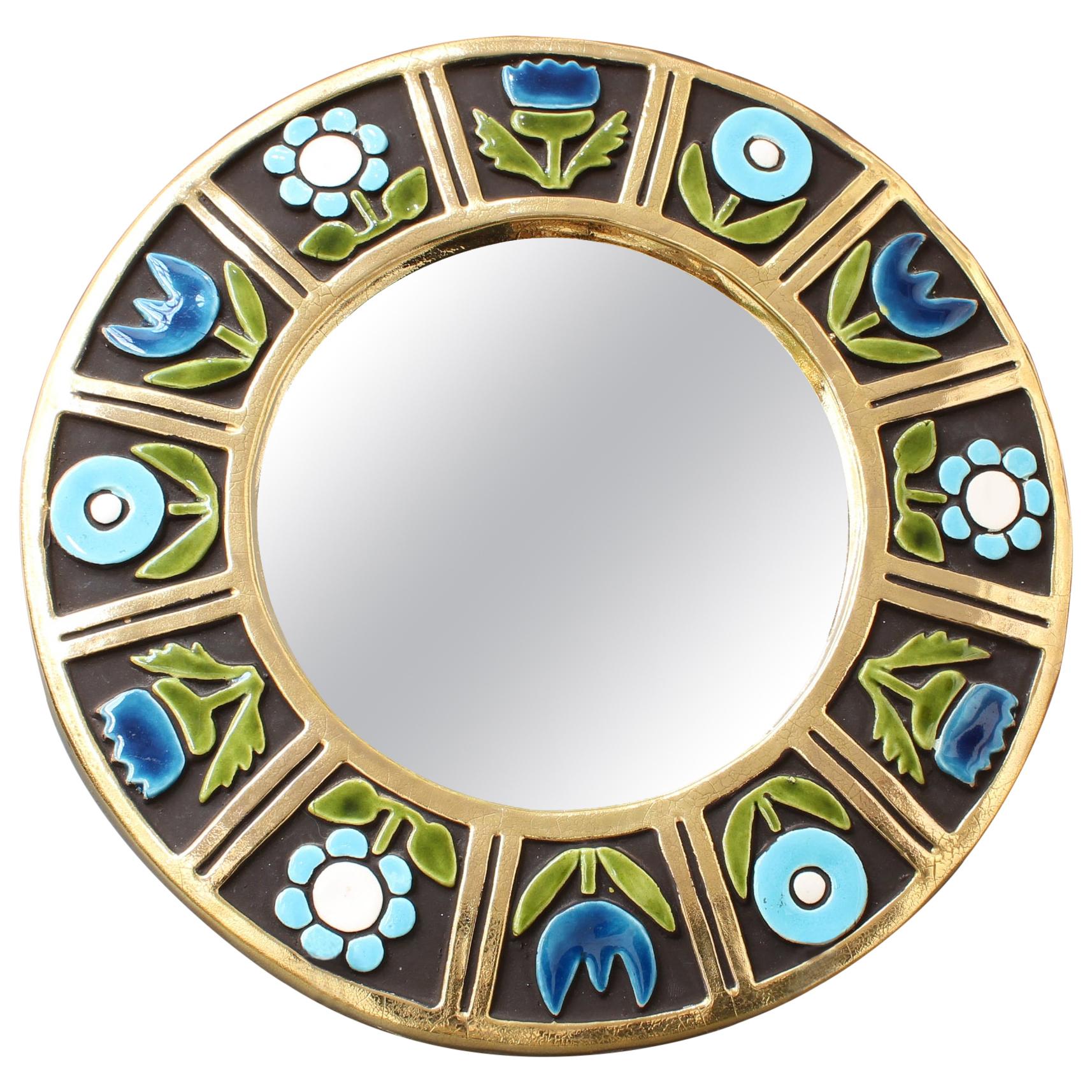 Ceramic Wall Mirror with Flower Motif by Mithé Espelt, 'circa 1960s'