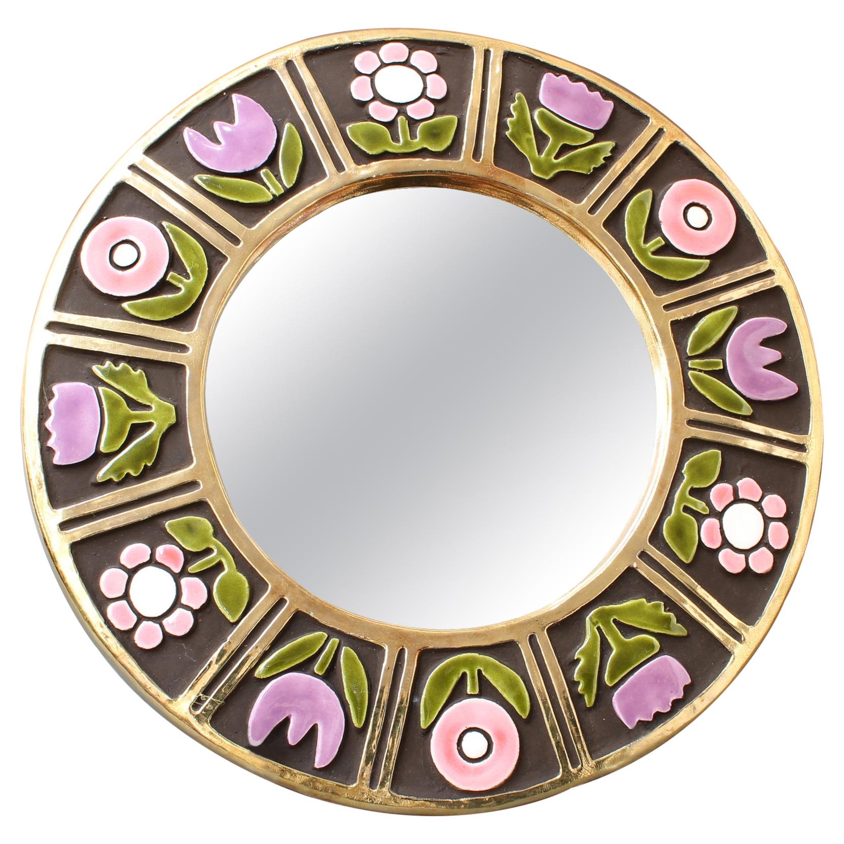 Ceramic Wall Mirror with Flower Motif by Mithé Espelt, circa 1960s