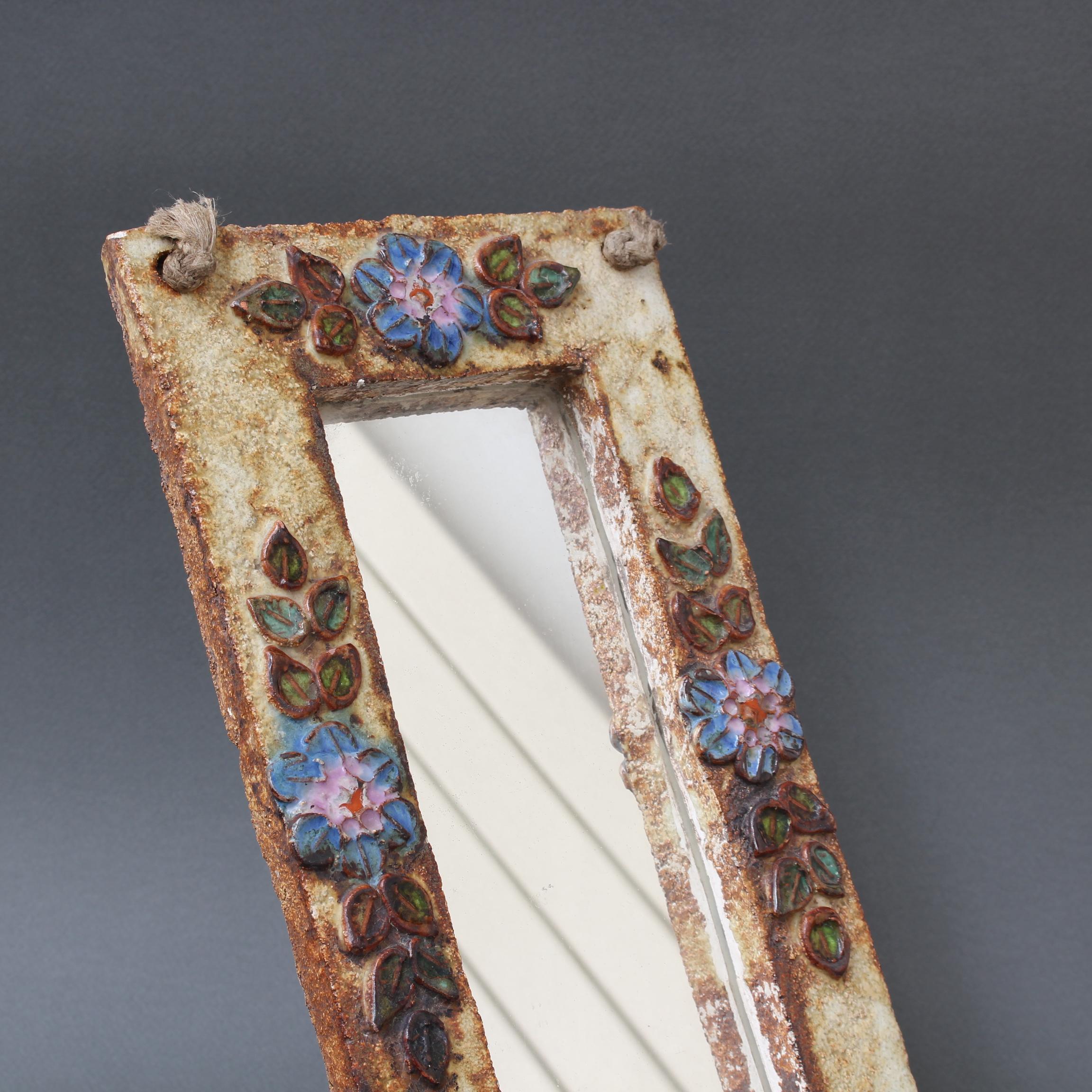 Ceramic Wall Mirror with Flower Motif by La Roue 'circa 1960s' For Sale 3