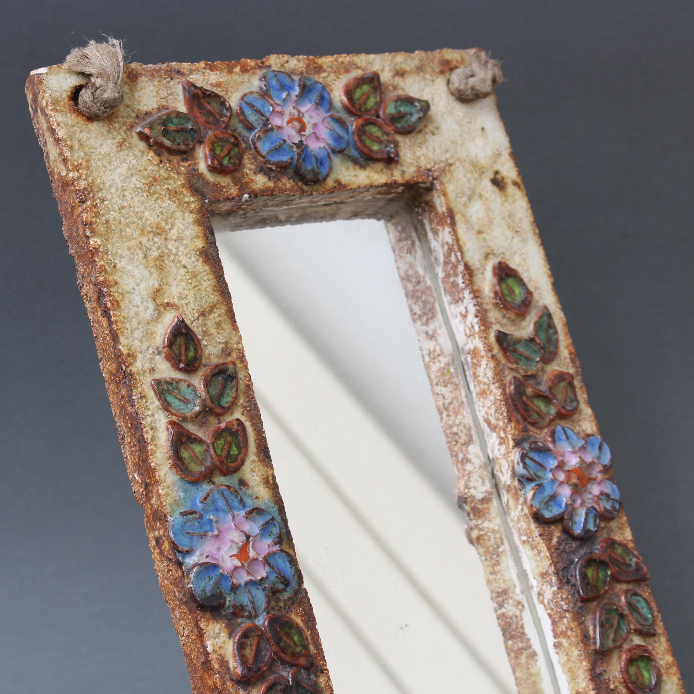 Ceramic Wall Mirror with Flower Motif by La Roue 'circa 1960s' For Sale 5