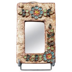 Ceramic Wall Mirror with Flower Motif by La Roue 'circa 1960s', Small