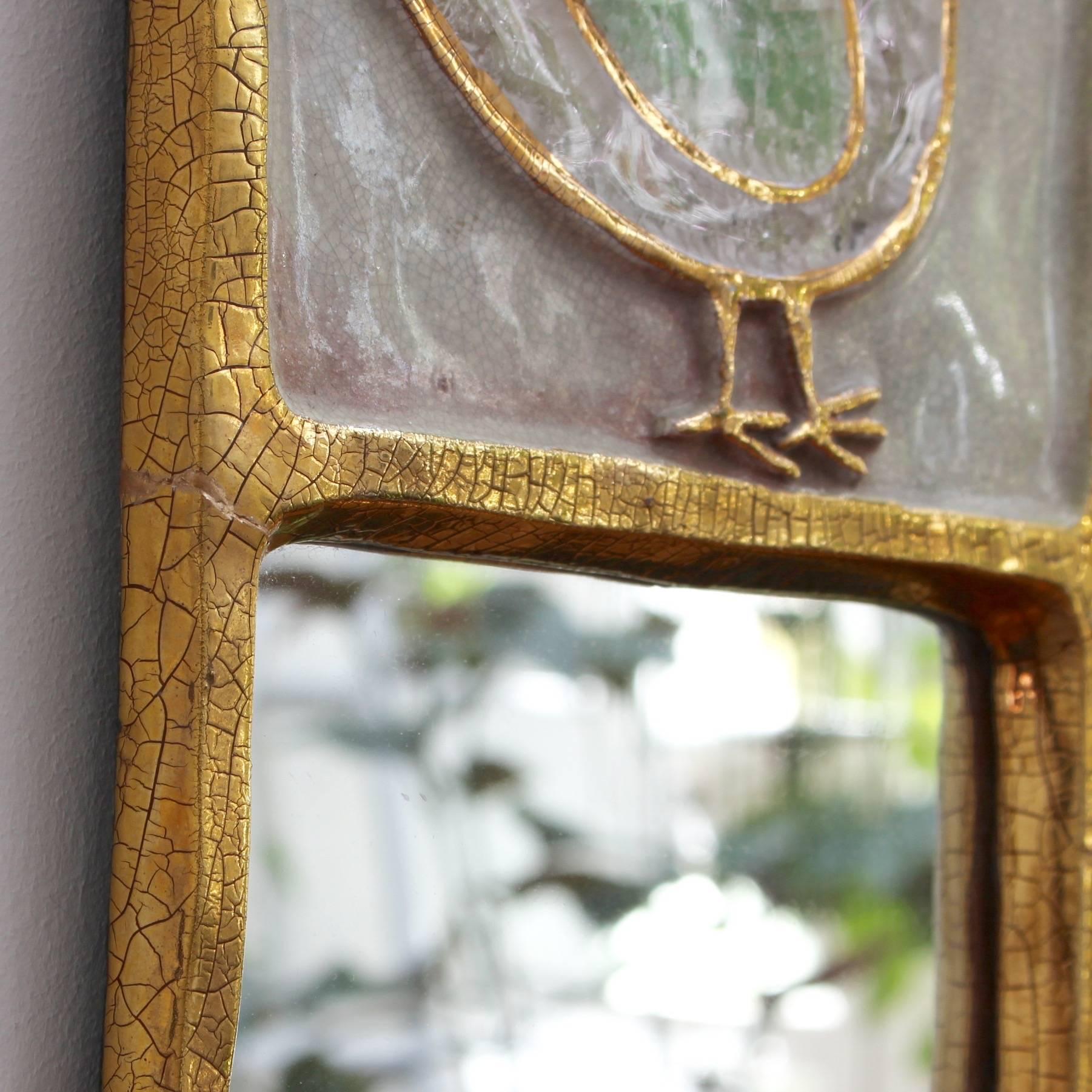 Mid-Century Modern Ceramic Wall Mirror with Gold Crackle Glaze and Stylised Bird by François Lembo