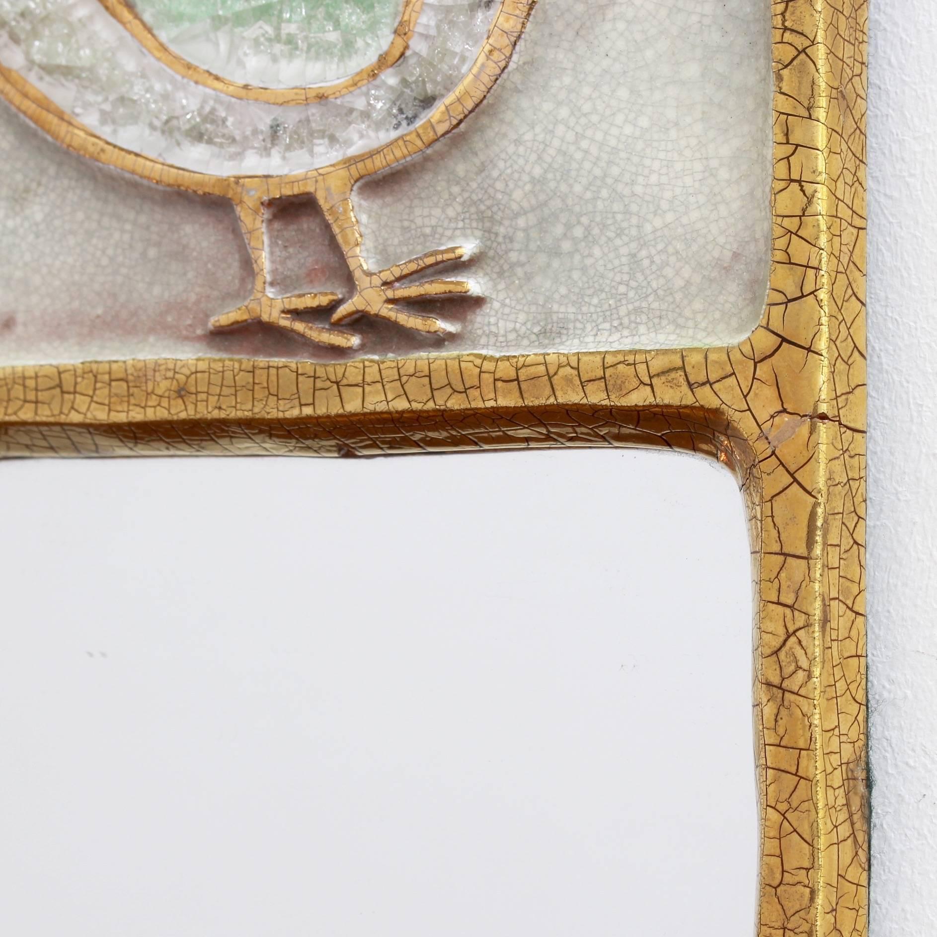 French Ceramic Wall Mirror with Gold Crackle Glaze and Stylised Bird by François Lembo