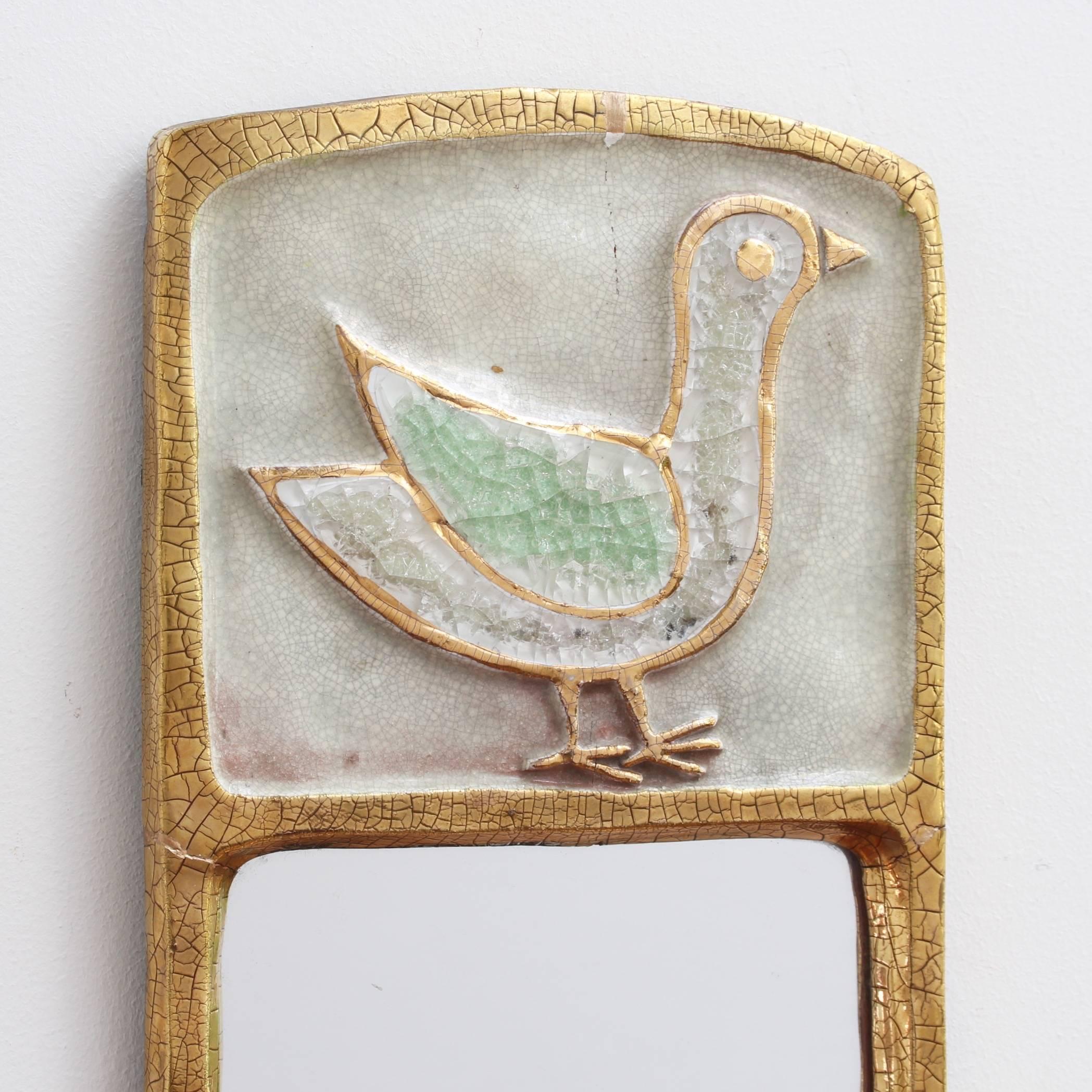 Ceramic Wall Mirror with Gold Crackle Glaze and Stylised Bird by François Lembo In Fair Condition In London, GB
