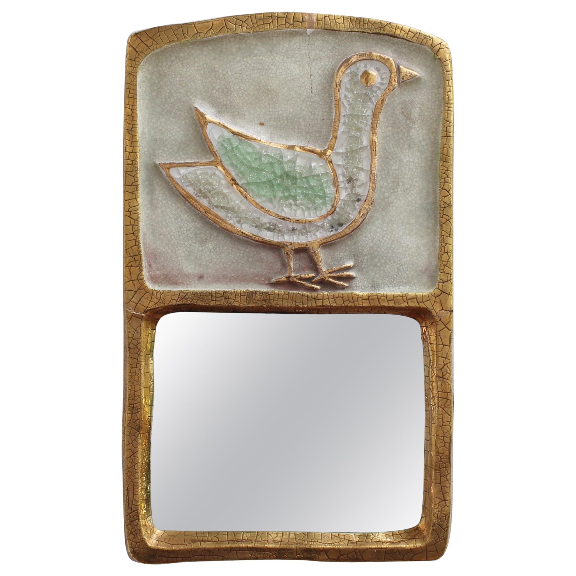 Ceramic Wall Mirror with Gold Crackle Glaze and Stylised Bird by François Lembo