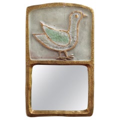 Ceramic Wall Mirror with Gold Crackle Glaze and Stylised Bird by François Lembo