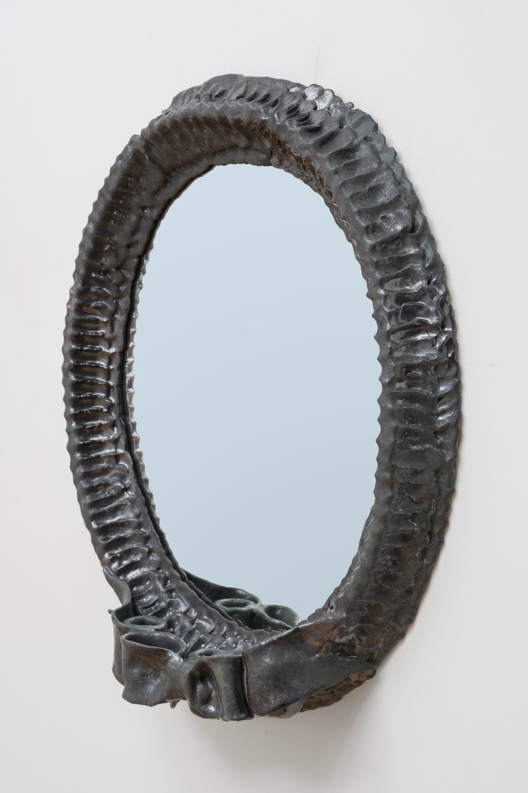 Ceramic Wall Mirror with Three Candle Holders By Ellen Pong For Sale at