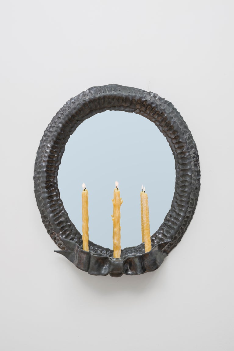 Ceramic Wall Mirror with Three Candle Holders By Ellen Pong For Sale at