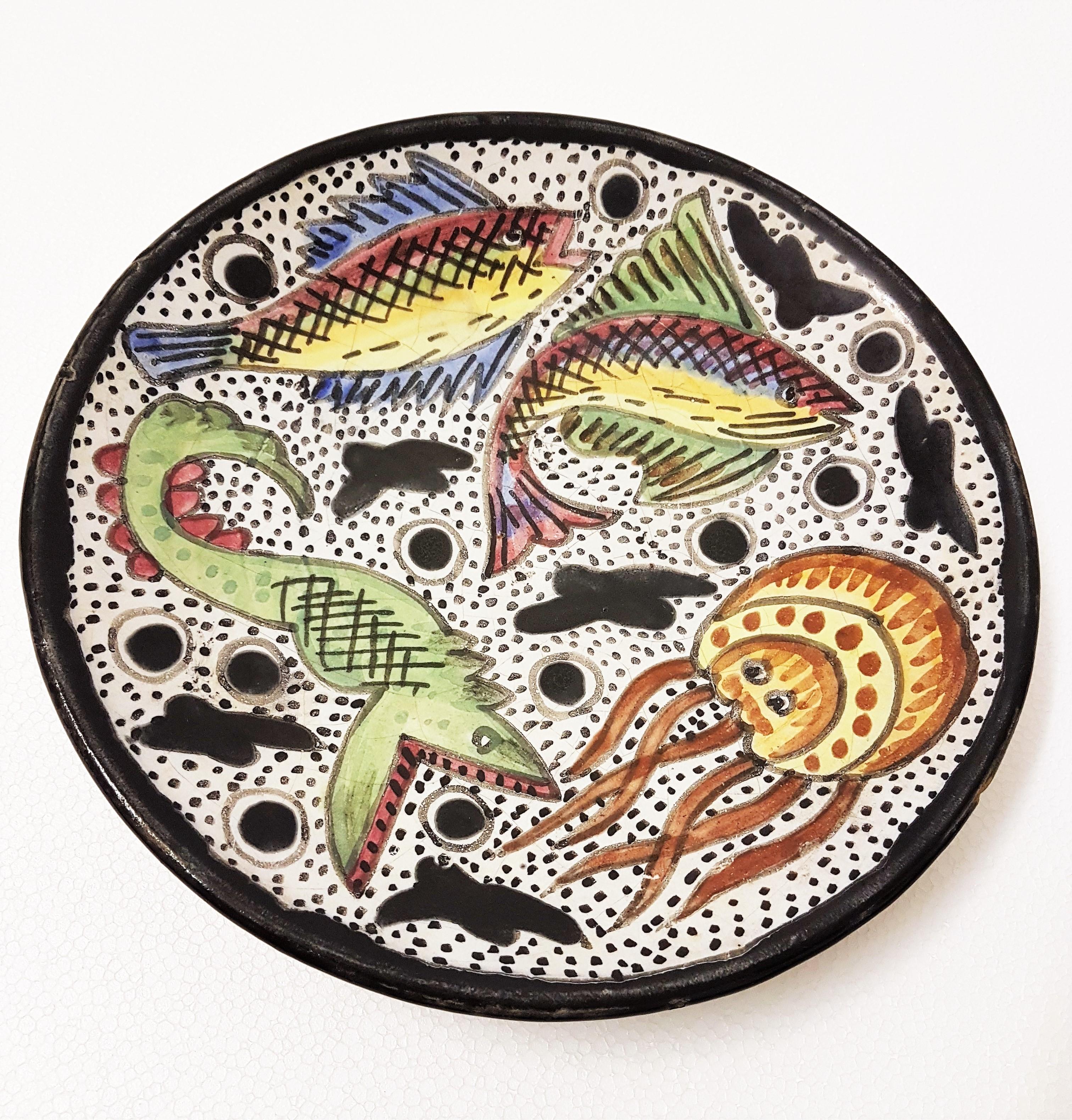 20th Century Spanish Ceramic Wall Plate Fishes Design, 1950s For Sale