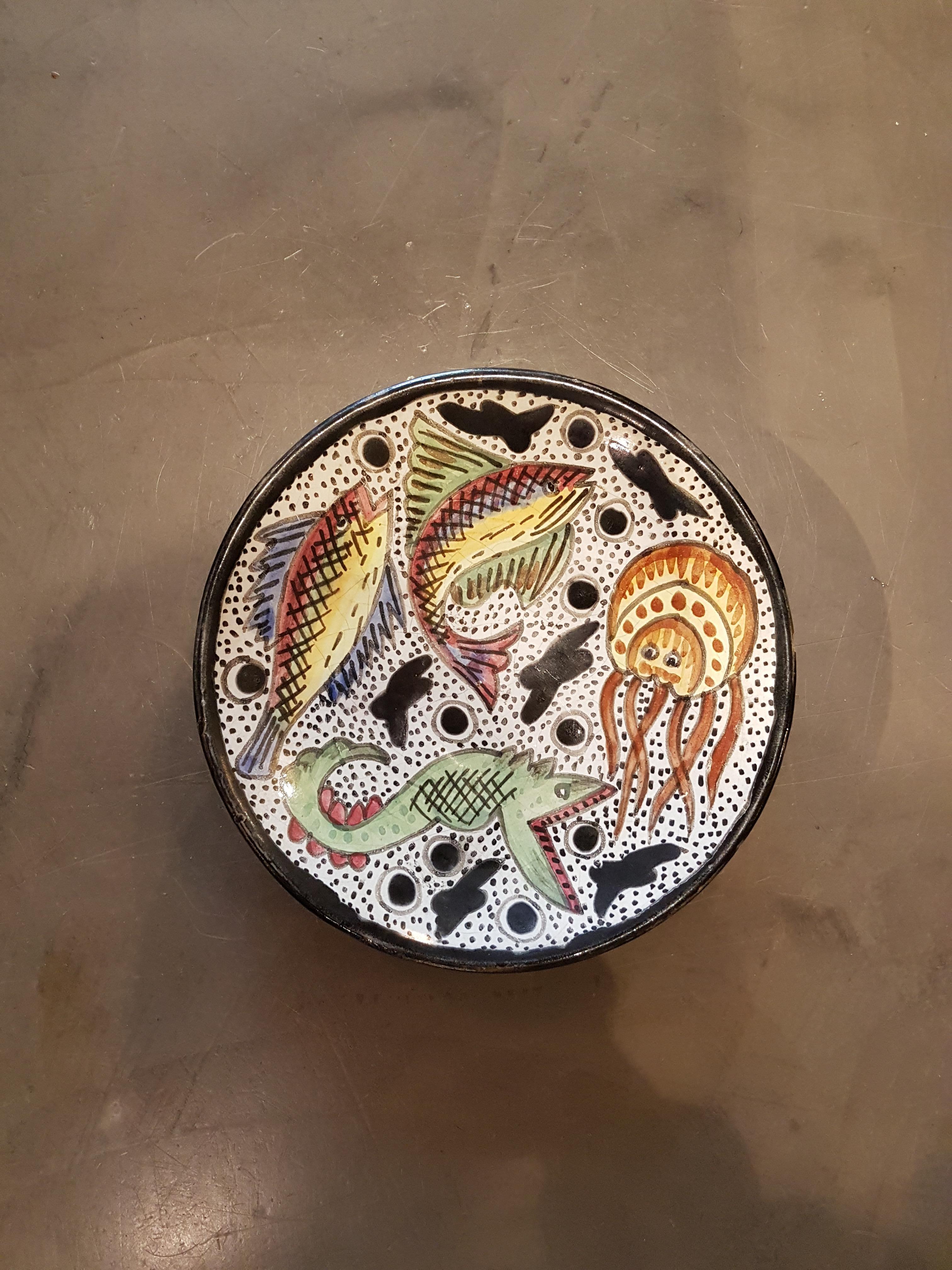 Terracotta Spanish Ceramic Wall Plate Fishes Design, 1950s For Sale