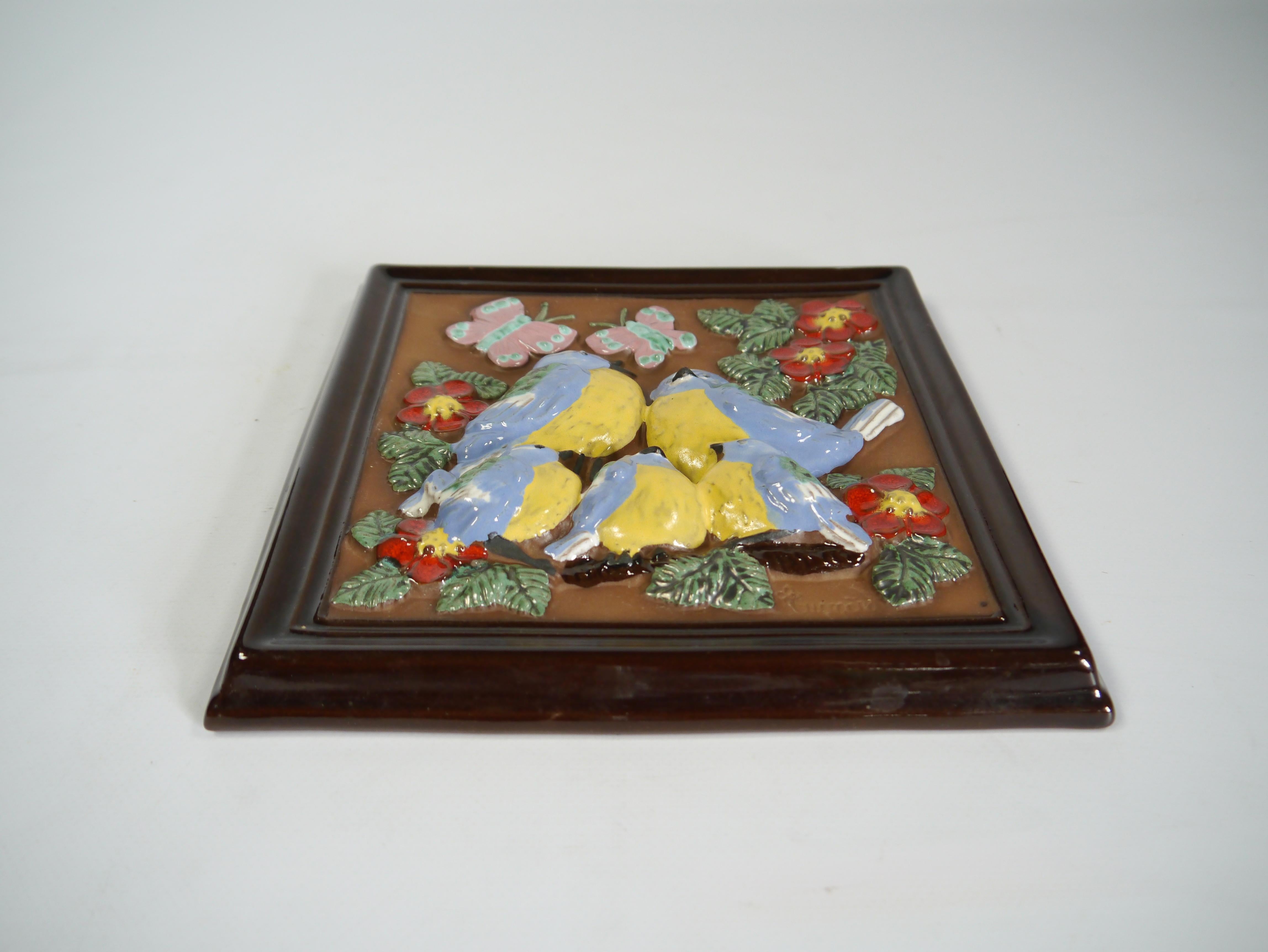 Scandinavian Modern Ceramic Wall Plaque w Birds & Flowers by Gabriel Keramik, Sweden 1970s For Sale