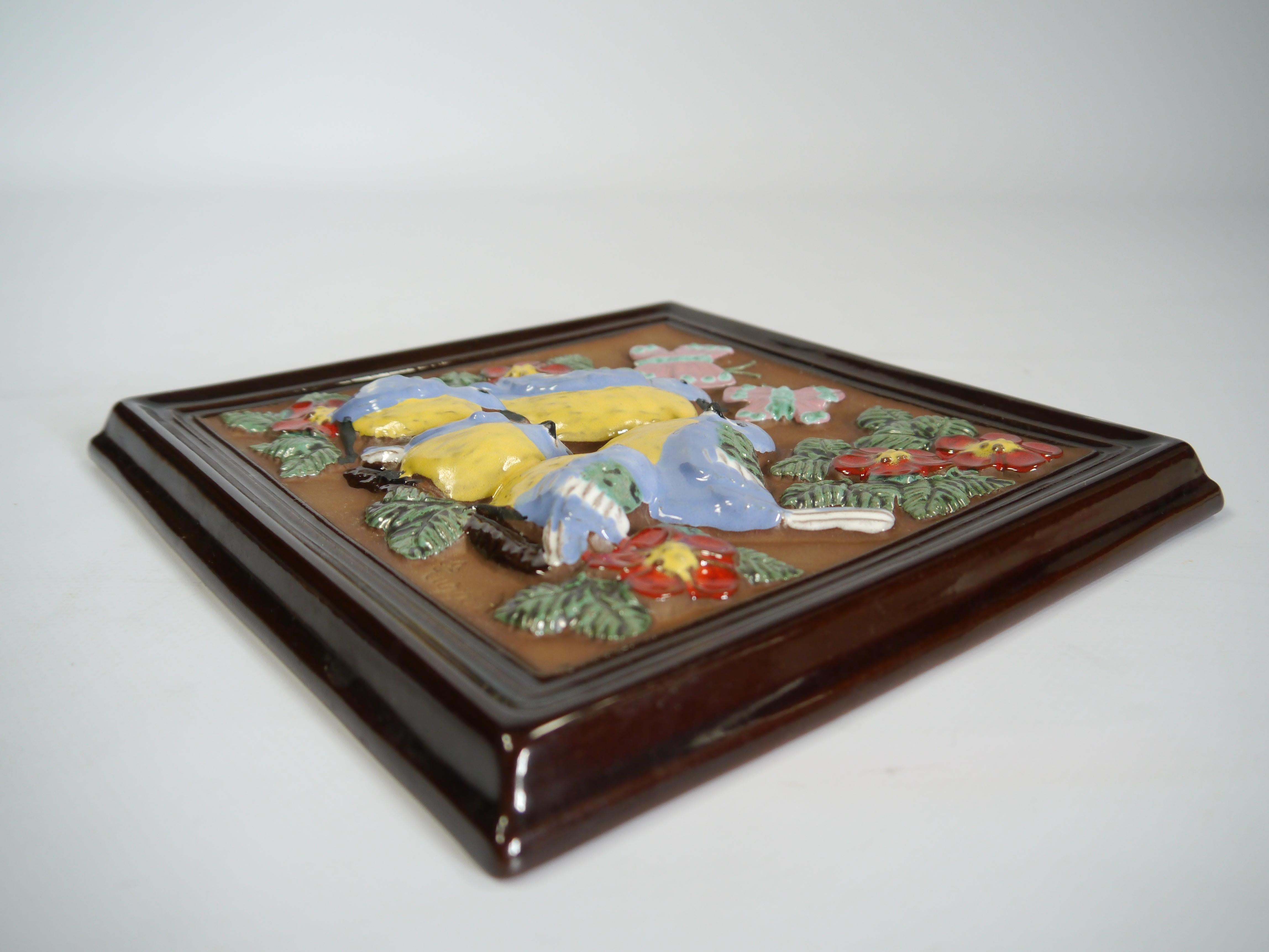 Swedish Ceramic Wall Plaque w Birds & Flowers by Gabriel Keramik, Sweden 1970s For Sale