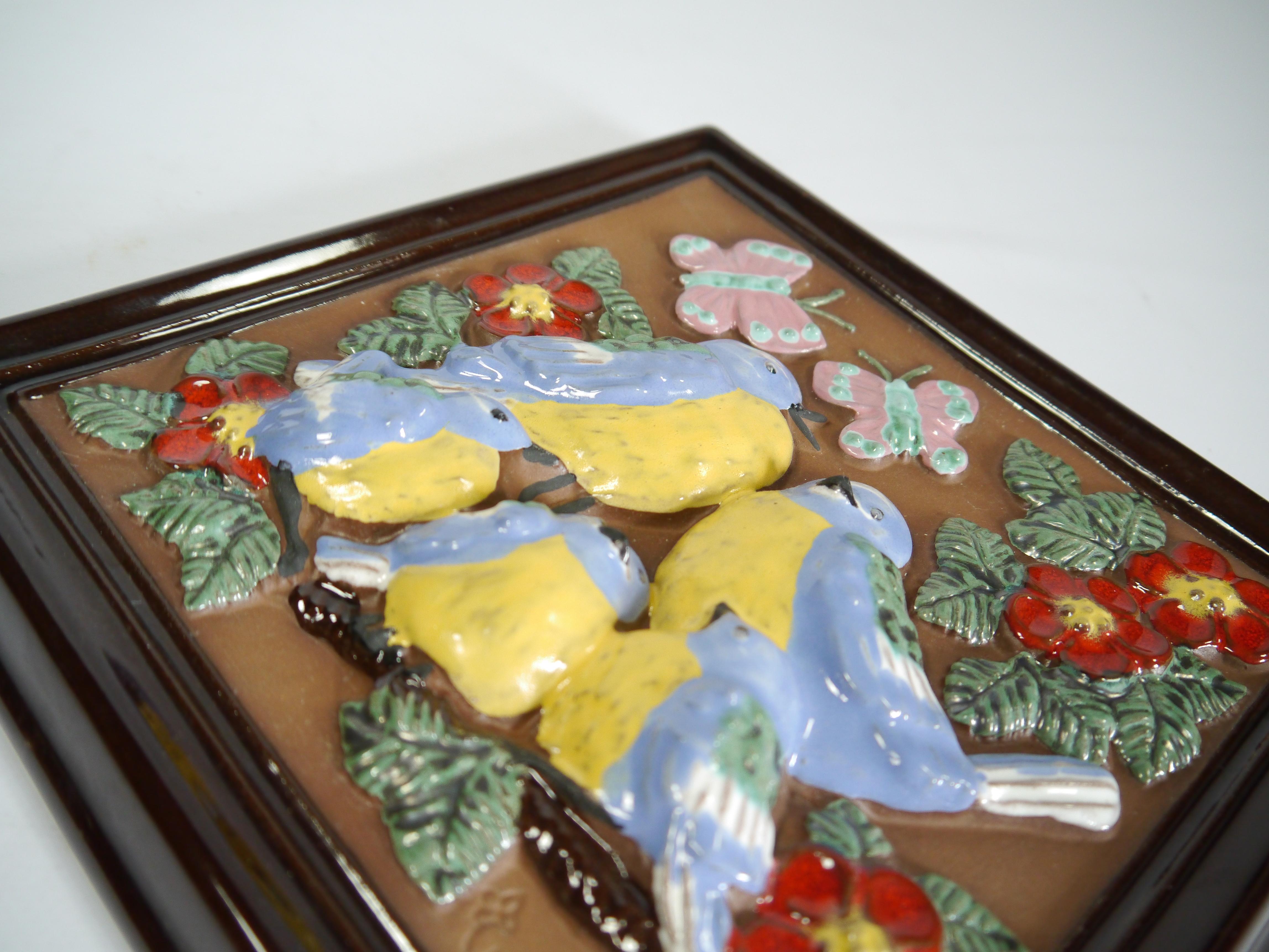 Ceramic Wall Plaque w Birds & Flowers by Gabriel Keramik, Sweden 1970s In Good Condition For Sale In Barcelona, ES