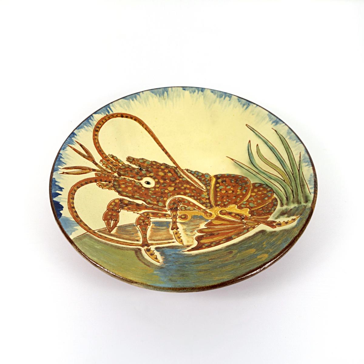 Very colorful and decorative wall plate with a stylized lobster.
Designed and made by Puigdemont of Spain.
 